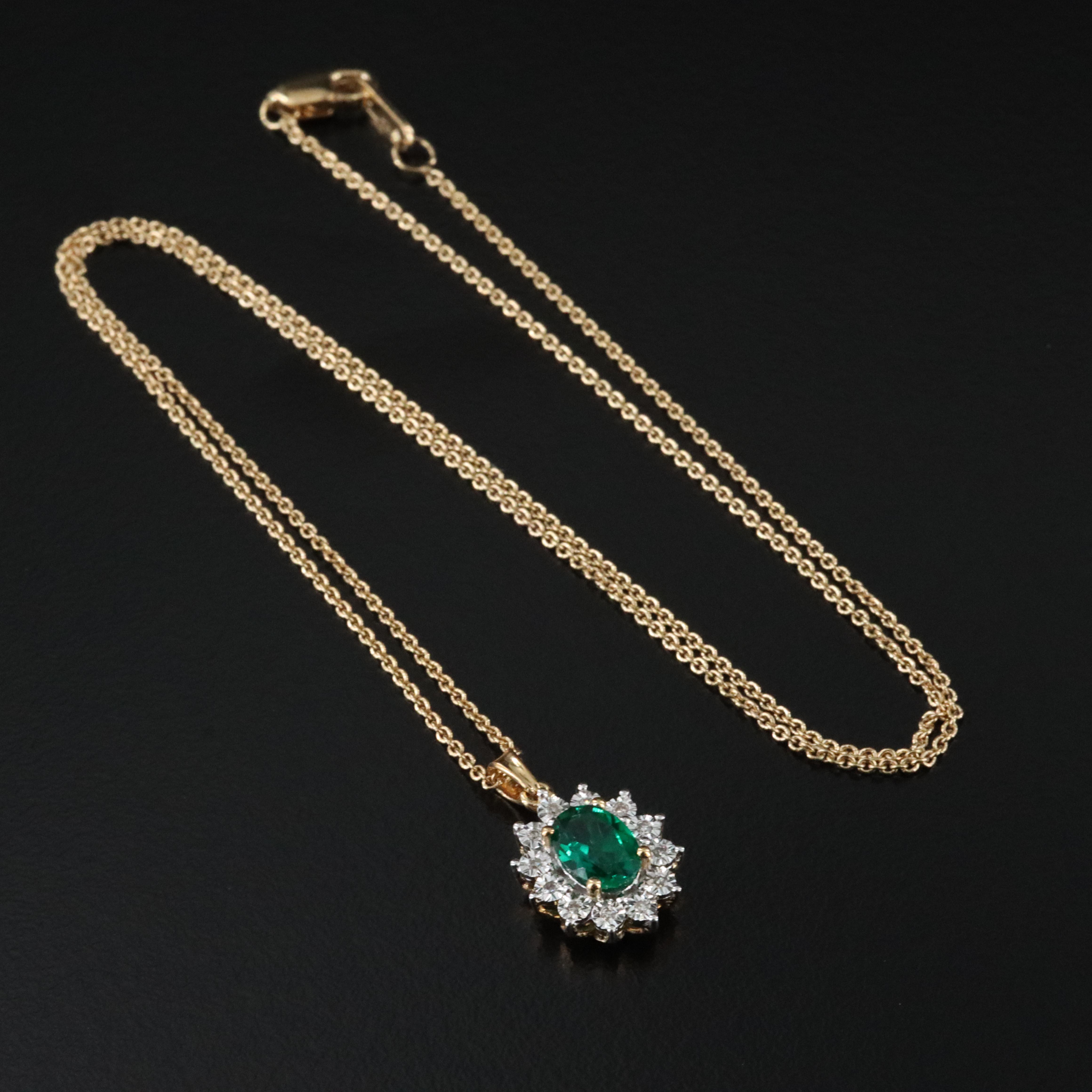 Sterling Emerald and Diamond Halo Pendant Necklace