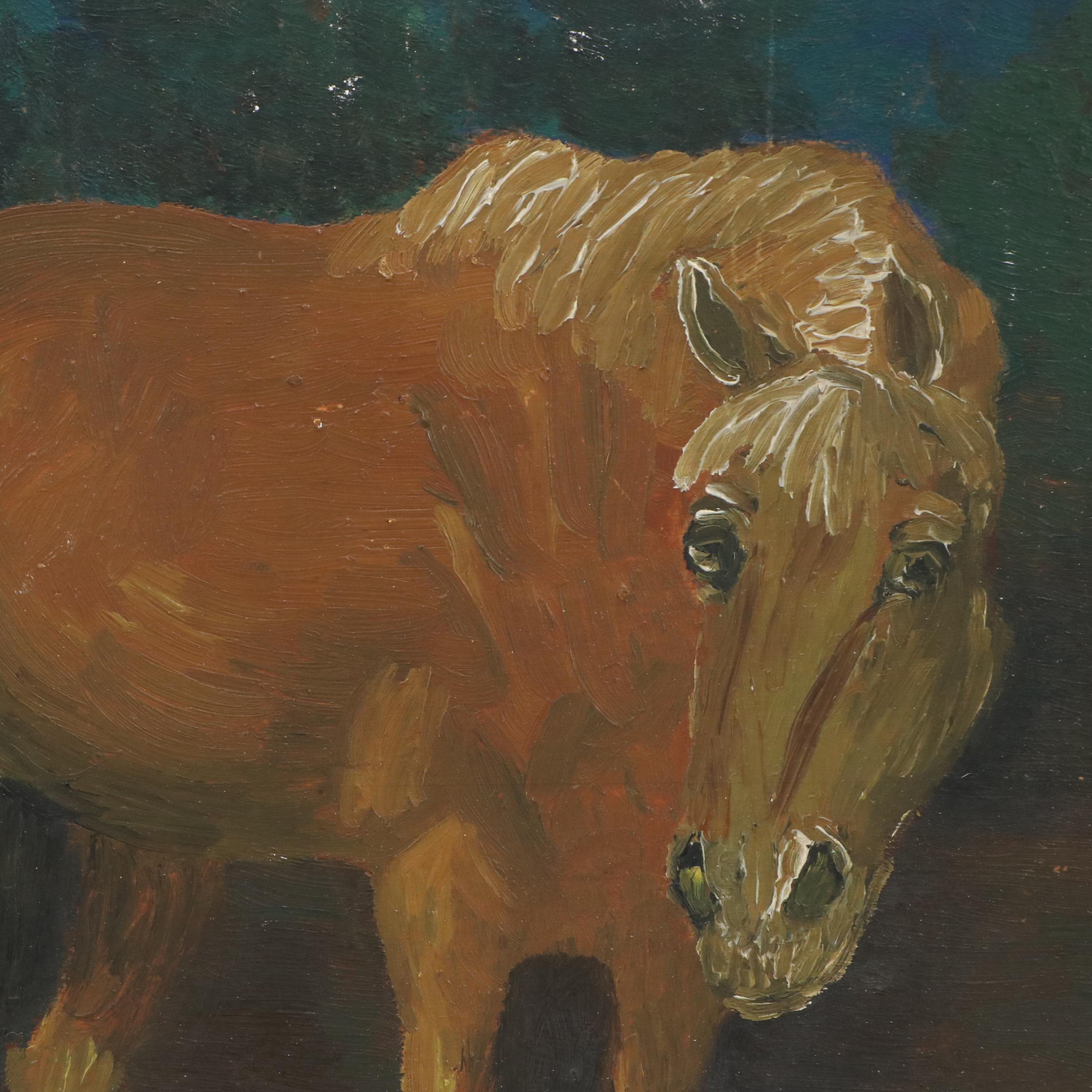 Oil Painting with Campfire Scene, Late 20th Century