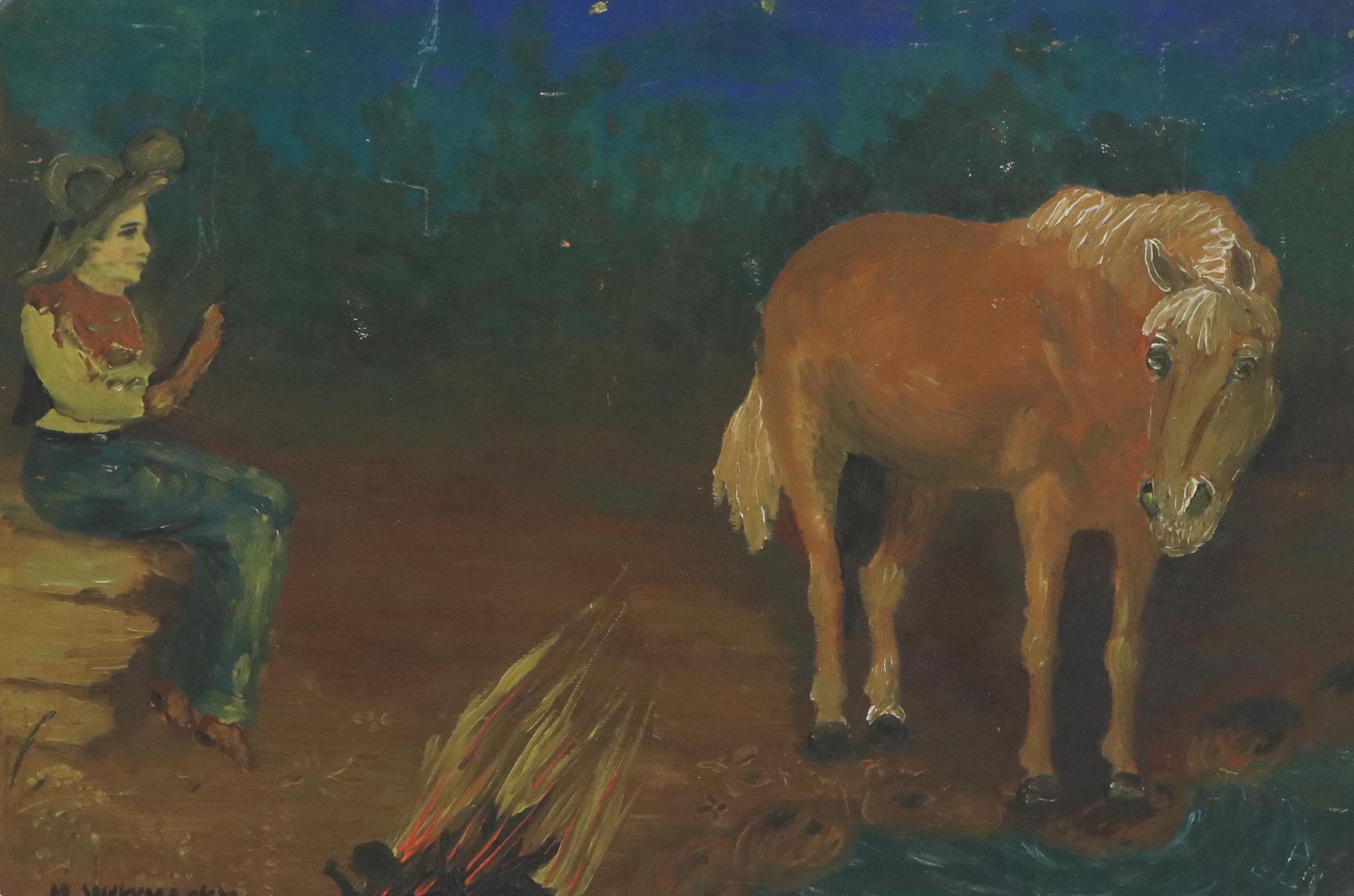 Oil Painting with Campfire Scene, Late 20th Century