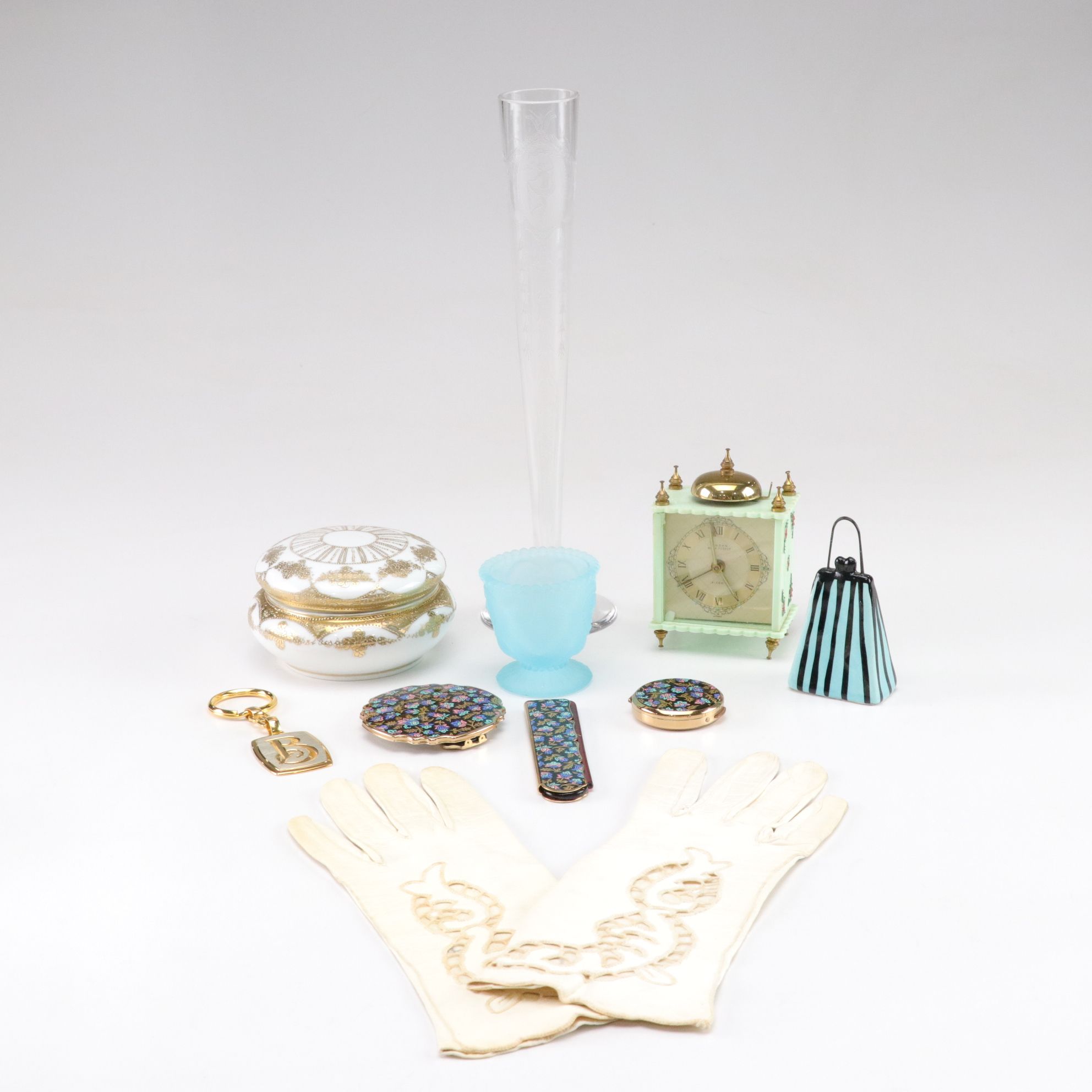 Tiffin Glass "Dancing Nymph" Vase, Stratton Compacts, Linden Alarm Clock & More