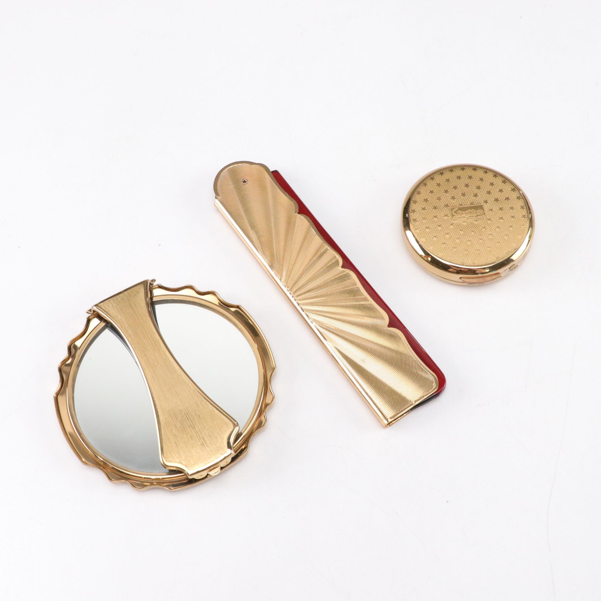 Tiffin Glass "Dancing Nymph" Vase, Stratton Compacts, Linden Alarm Clock & More