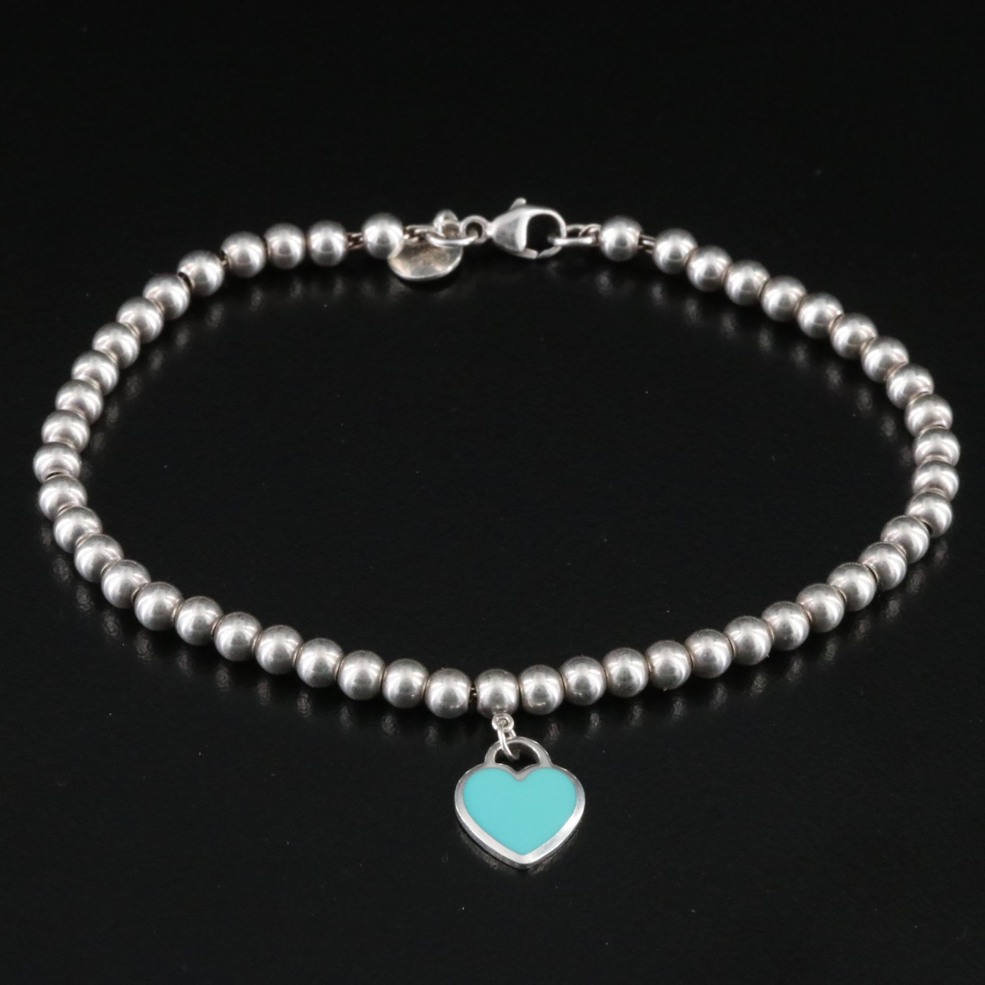 Tiffany & Co. Return to Tiffany Sterling Blue Enamel Heart Tag Bead Bracelet