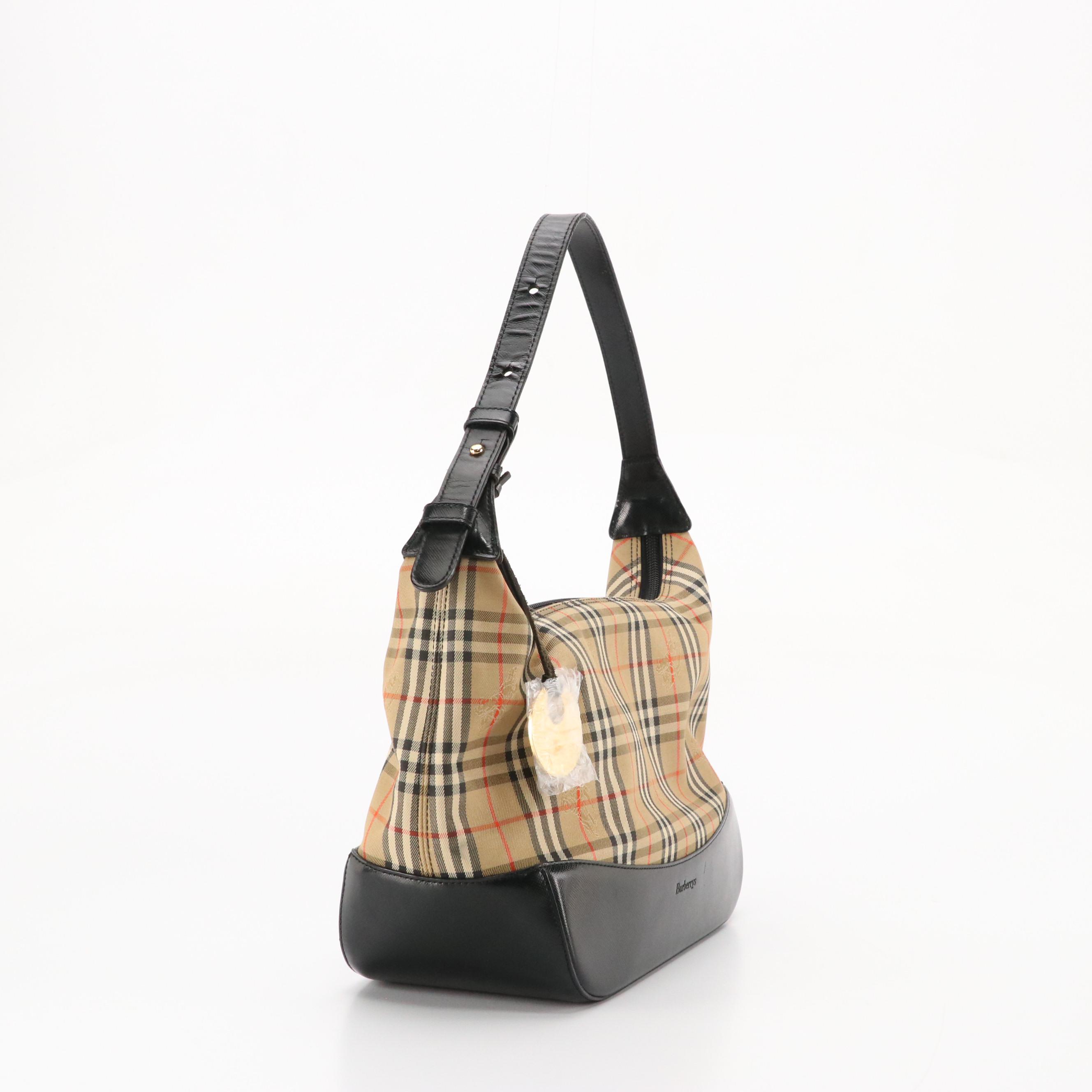 Burberrys Shoulder Bag in Haymarket Check Canvas and Black Leather Trim