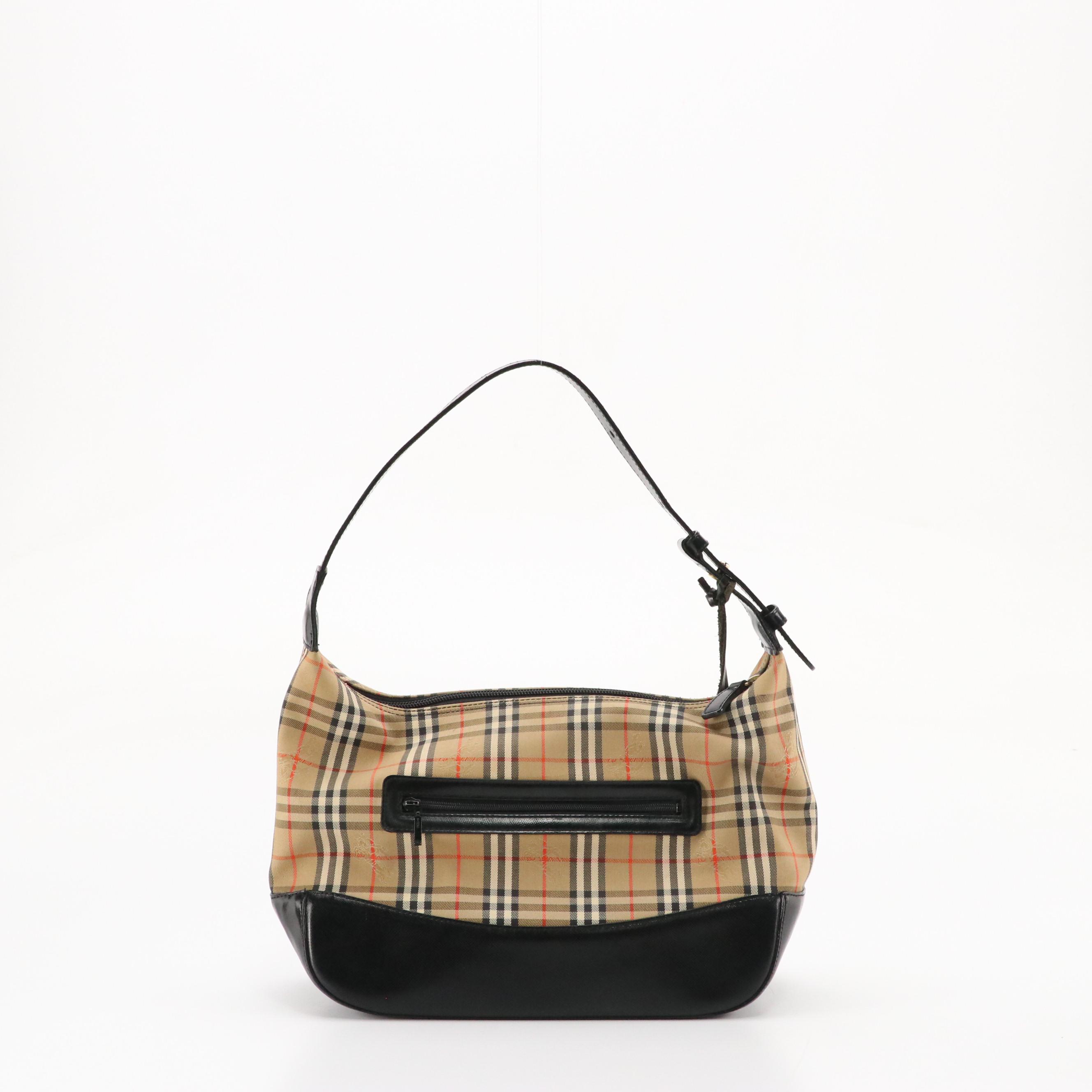 Burberrys Shoulder Bag in Haymarket Check Canvas and Black Leather Trim