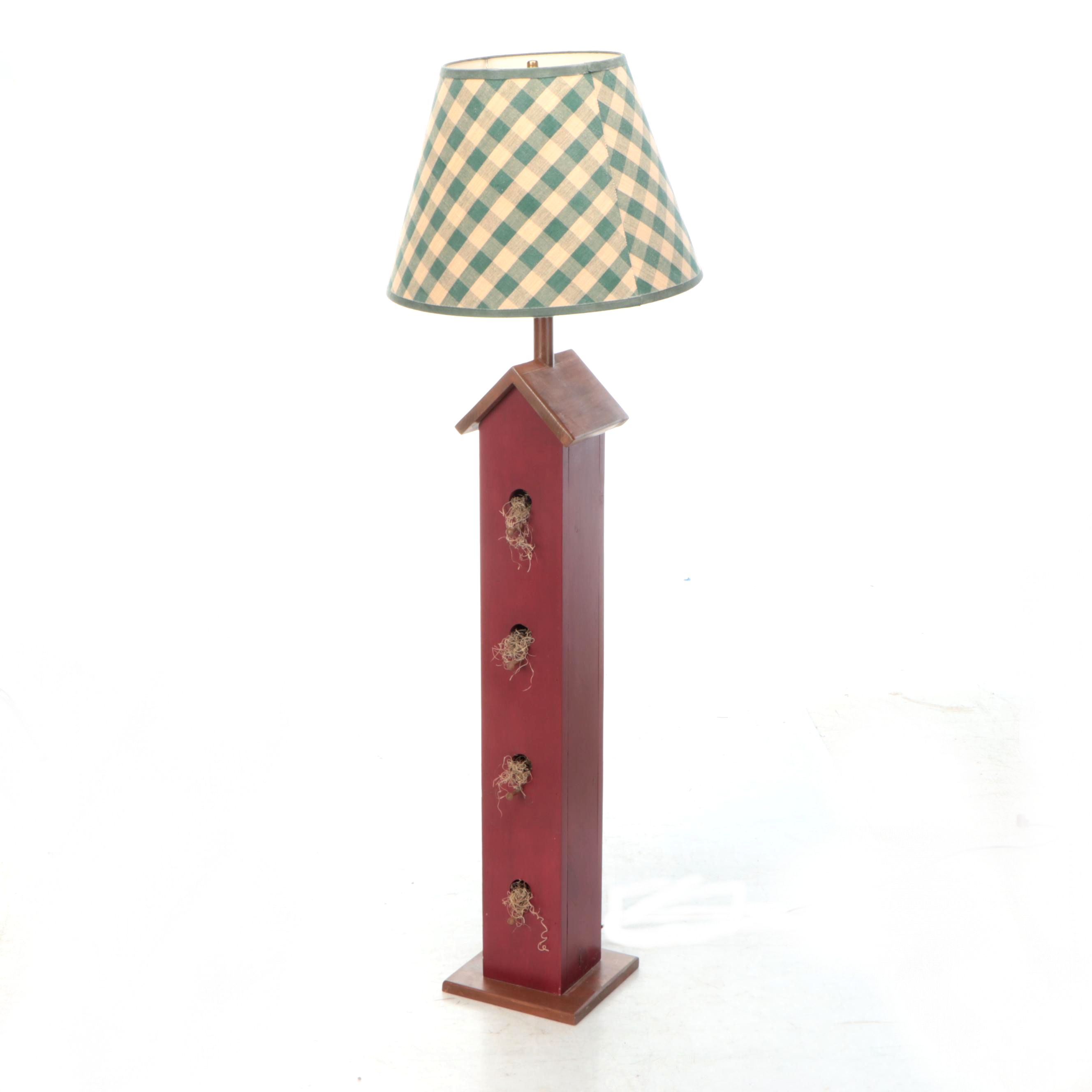 Primitive Style Folk Art Bird House Floor Lamp with Gingham Shade