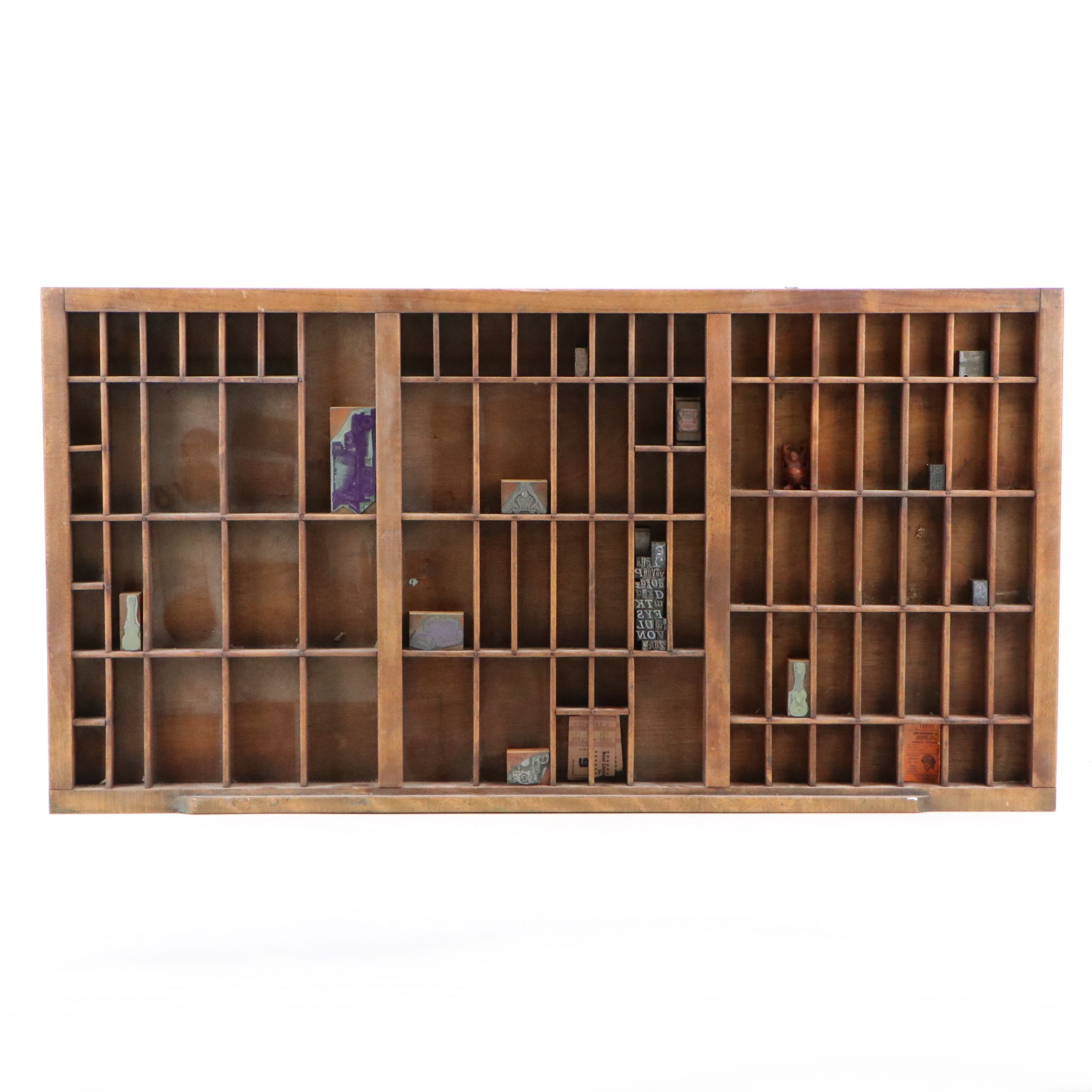 Repurposed Wood Letterpress Drawer Wall Shelf with Letterpress Blocks