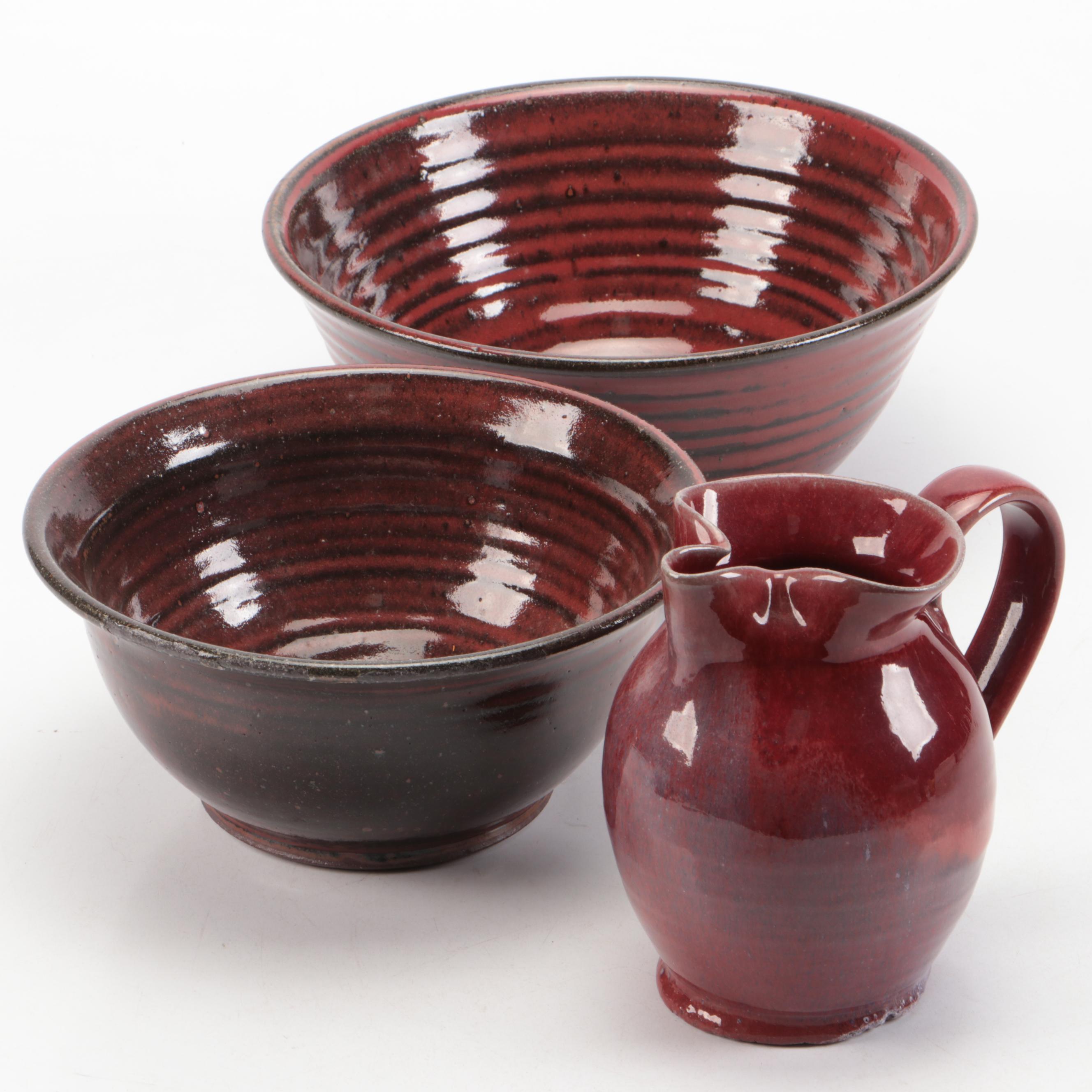 Parsley Pottery Brown and Red Glazed Ceramic Bowls and Other Ice Lip Pitcher