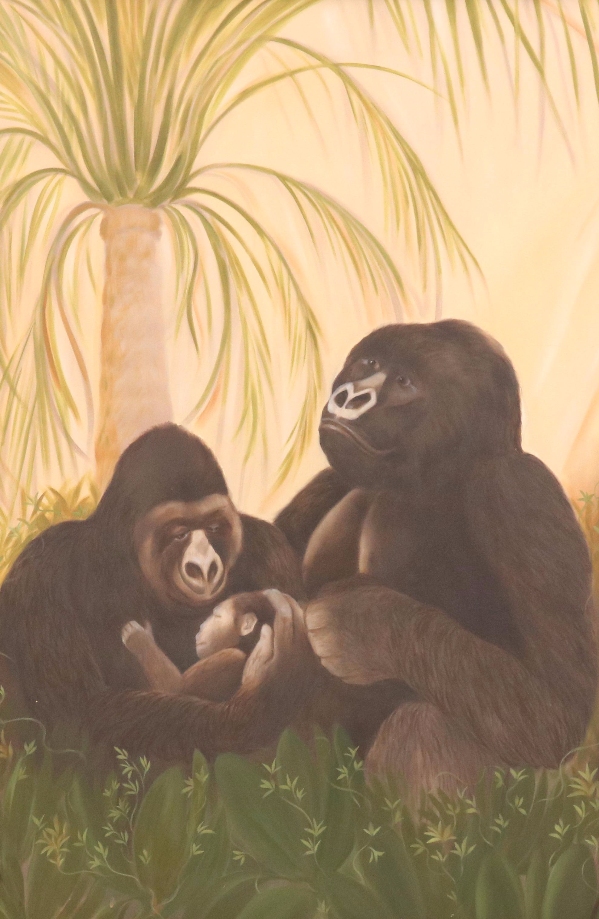 Oil Painting of Gorilla Parents and Baby, Circa 2000