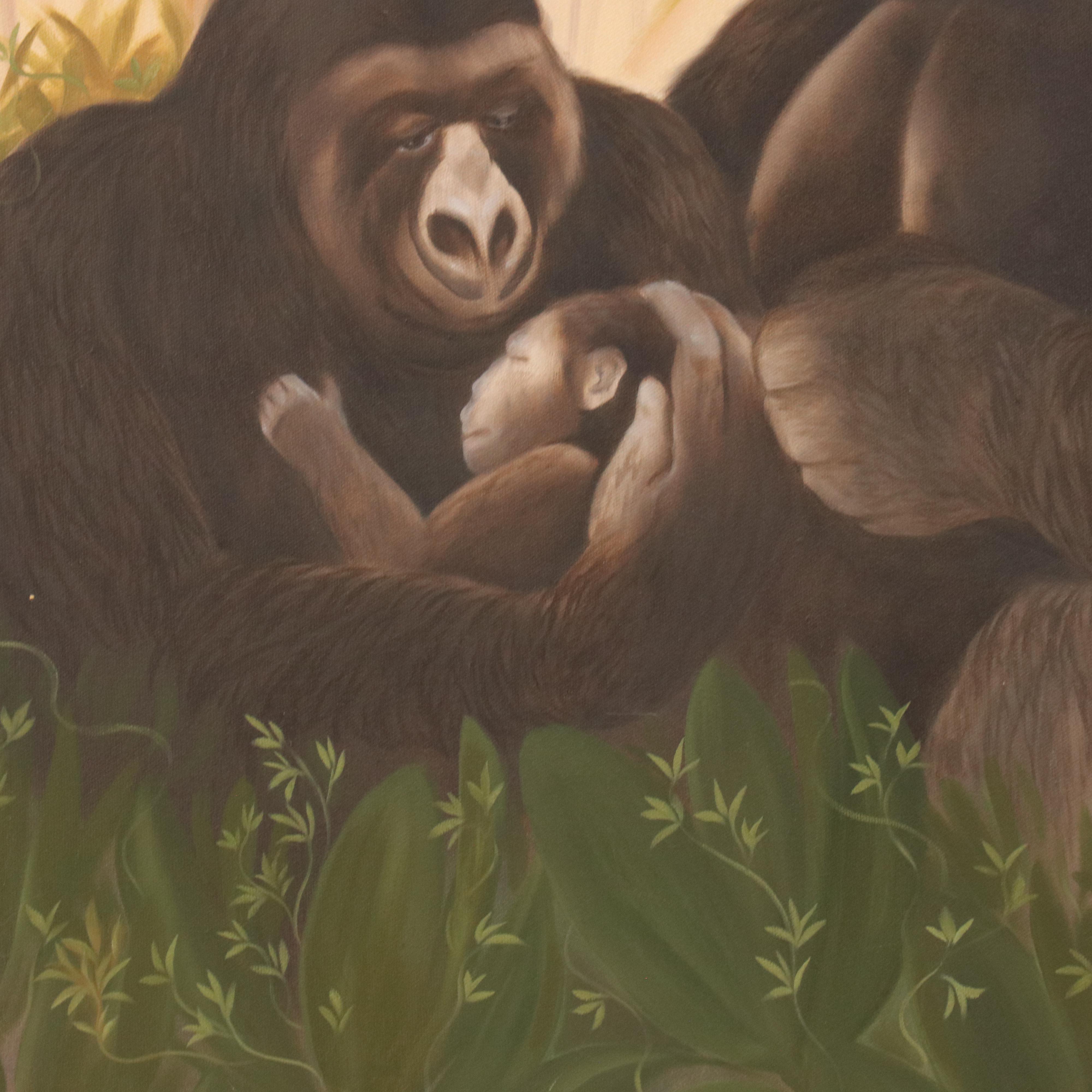 Oil Painting of Gorilla Parents and Baby, Circa 2000