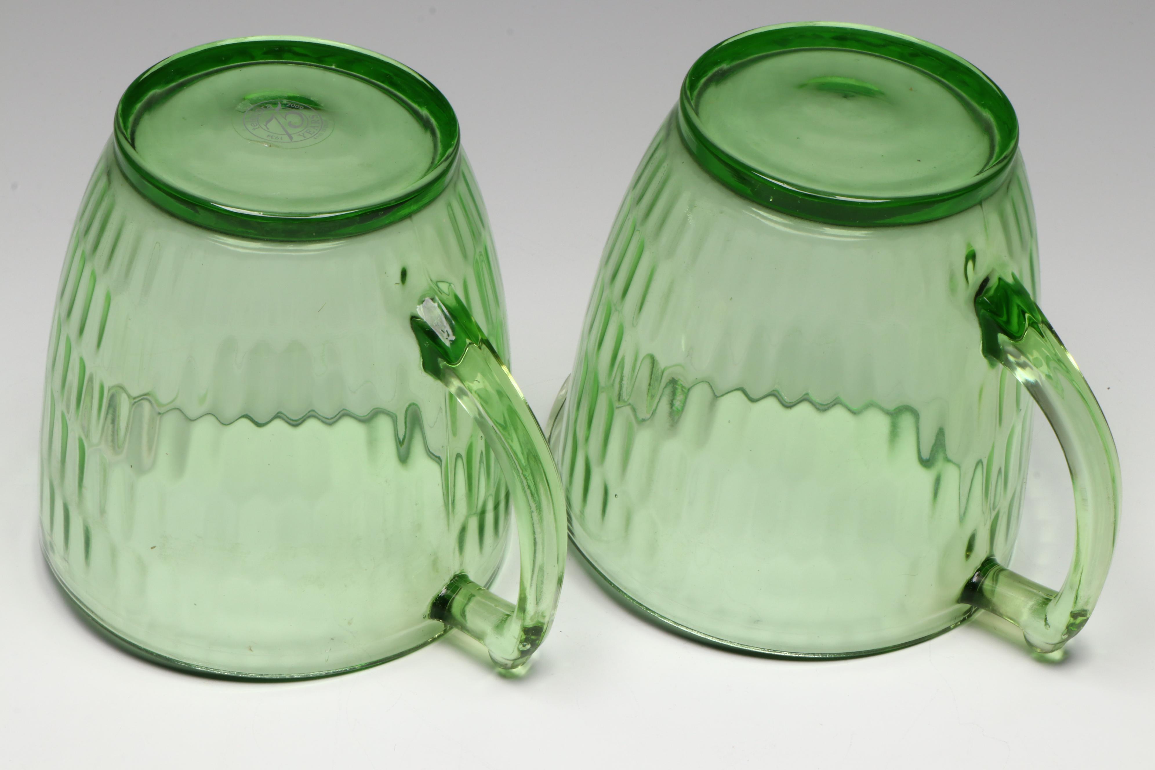 Anchor Hocking "Princess" with Other Uranium Glass Serveware with Green Pitchers