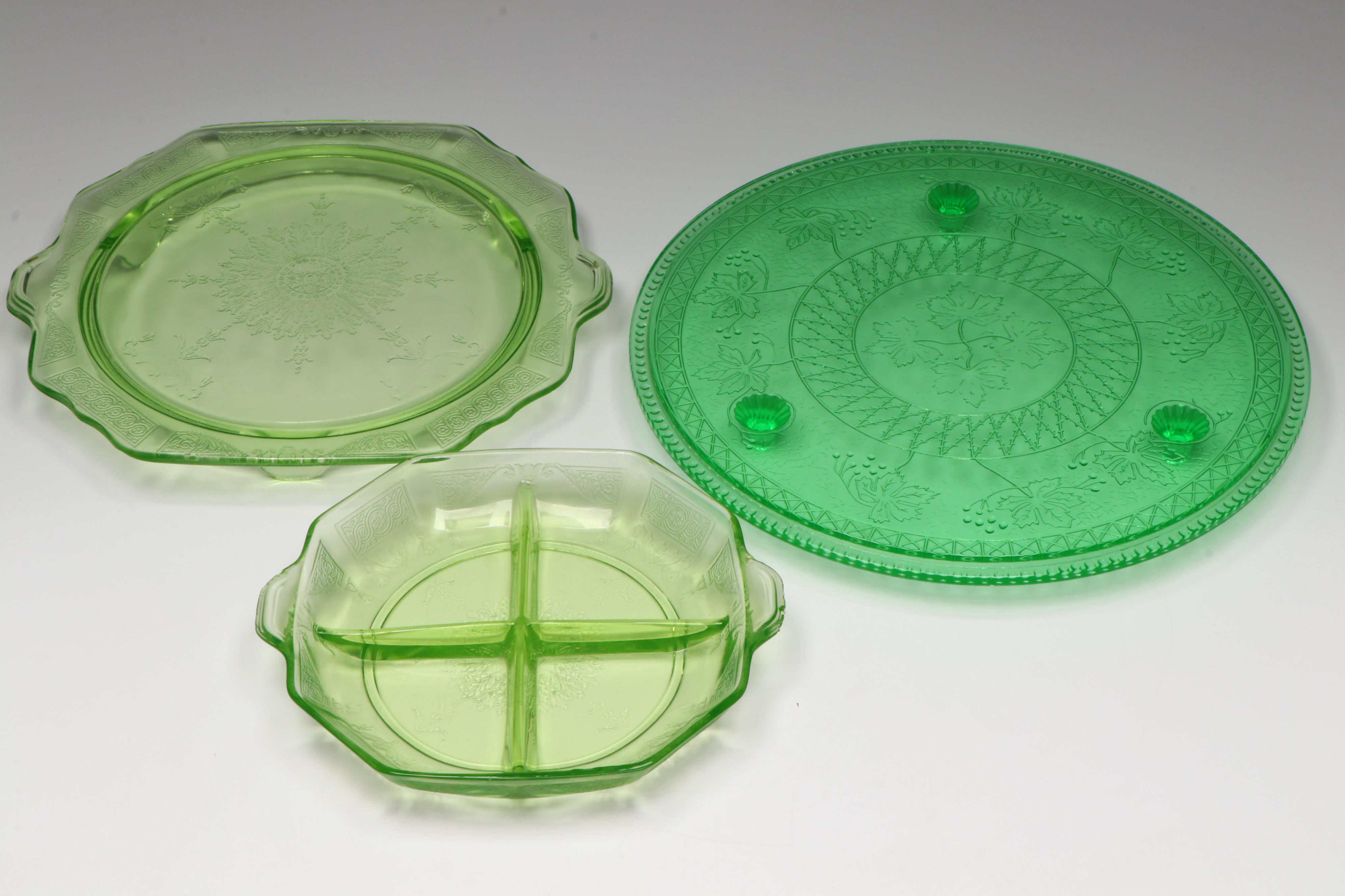 Anchor Hocking "Princess" with Other Uranium Glass Serveware with Green Pitchers