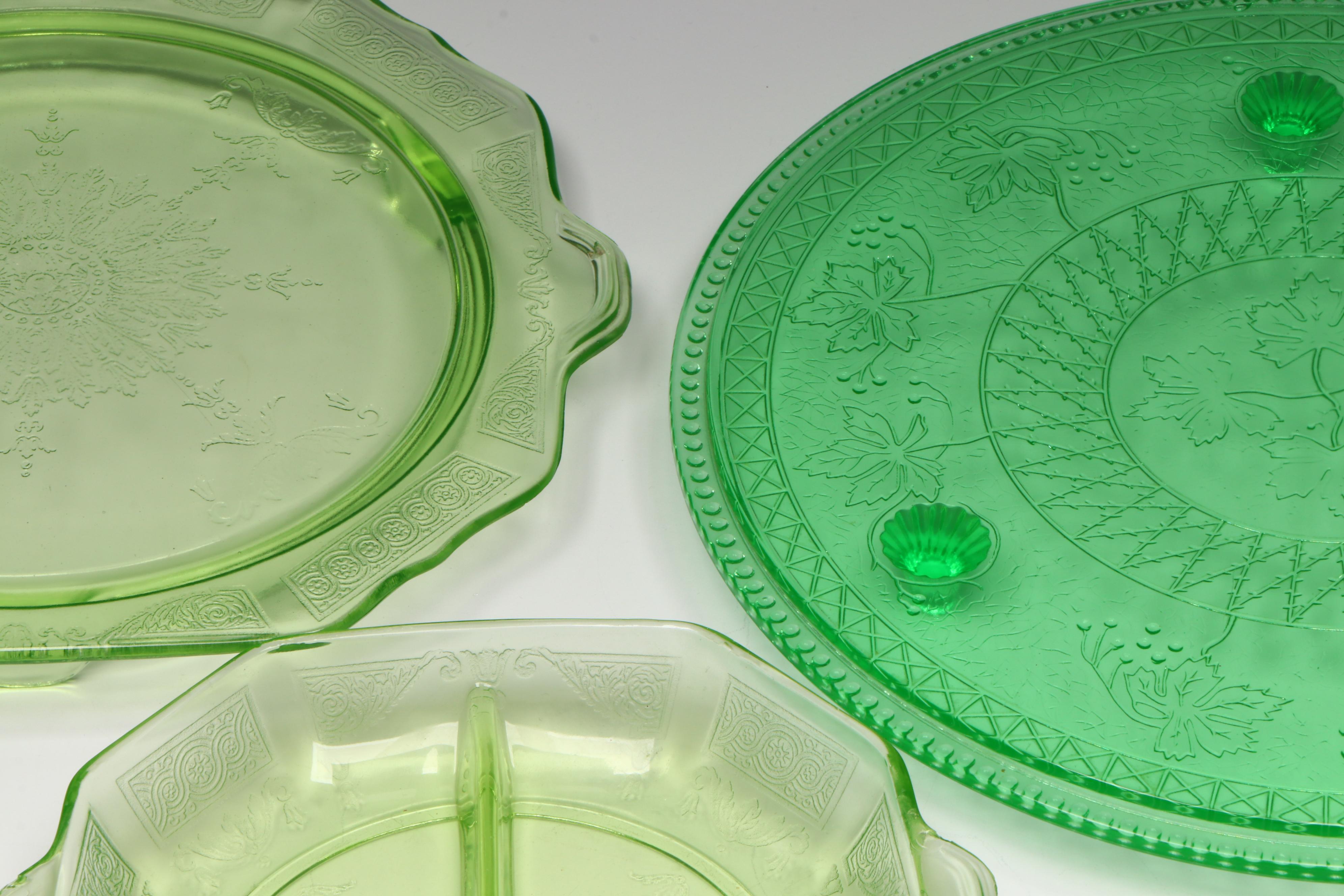 Anchor Hocking "Princess" with Other Uranium Glass Serveware with Green Pitchers