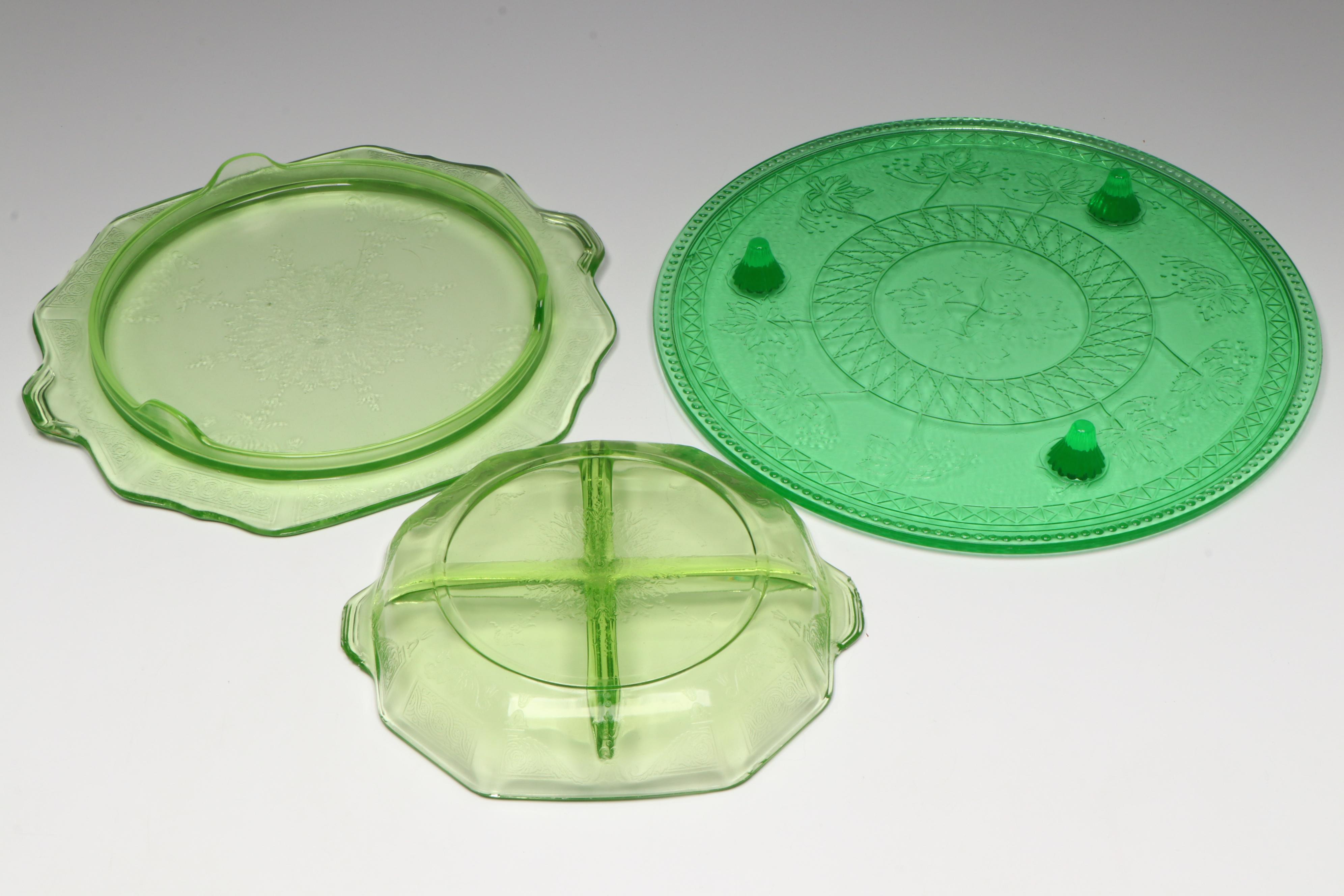 Anchor Hocking "Princess" with Other Uranium Glass Serveware with Green Pitchers