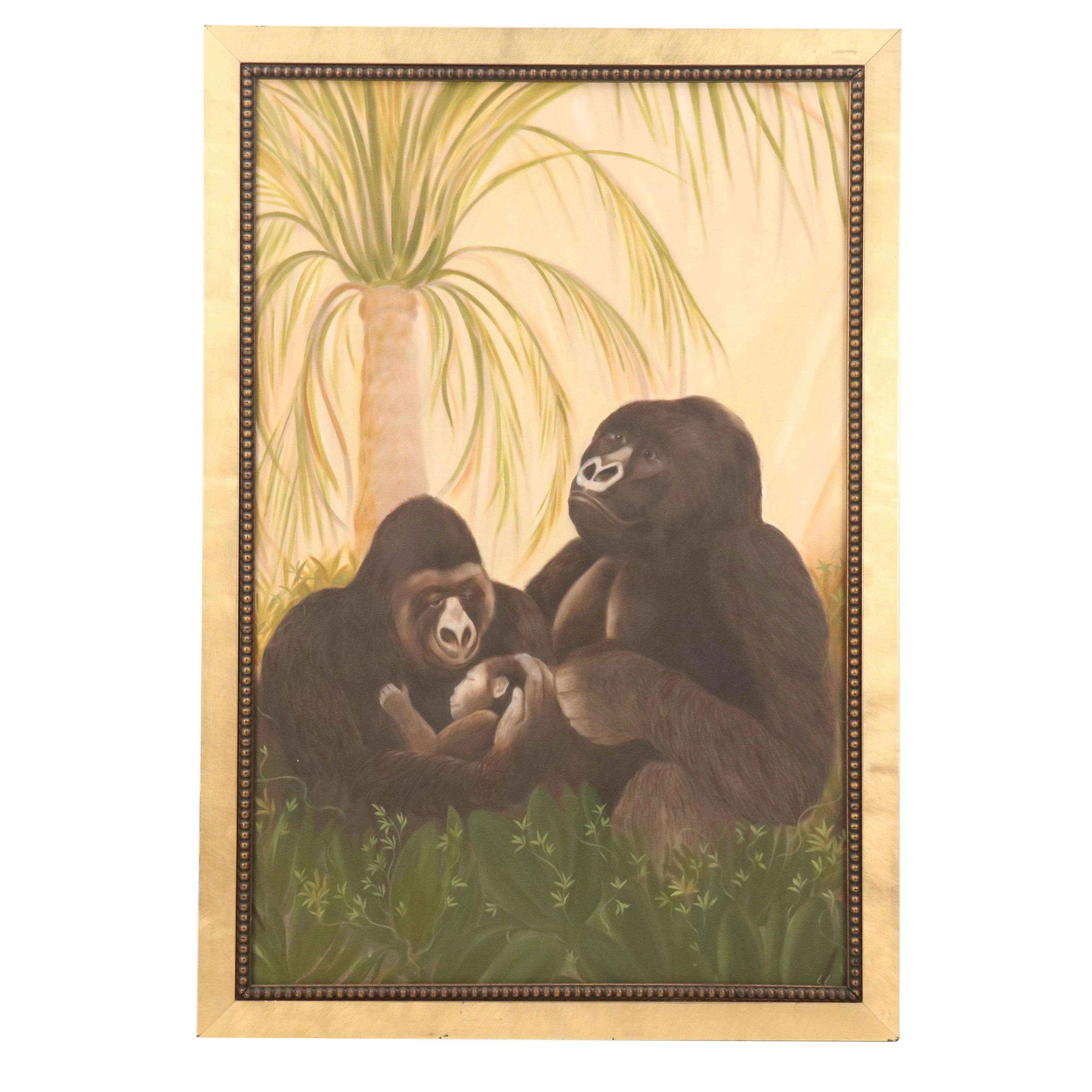Oil Painting of Gorilla Parents and Baby, Circa 2000