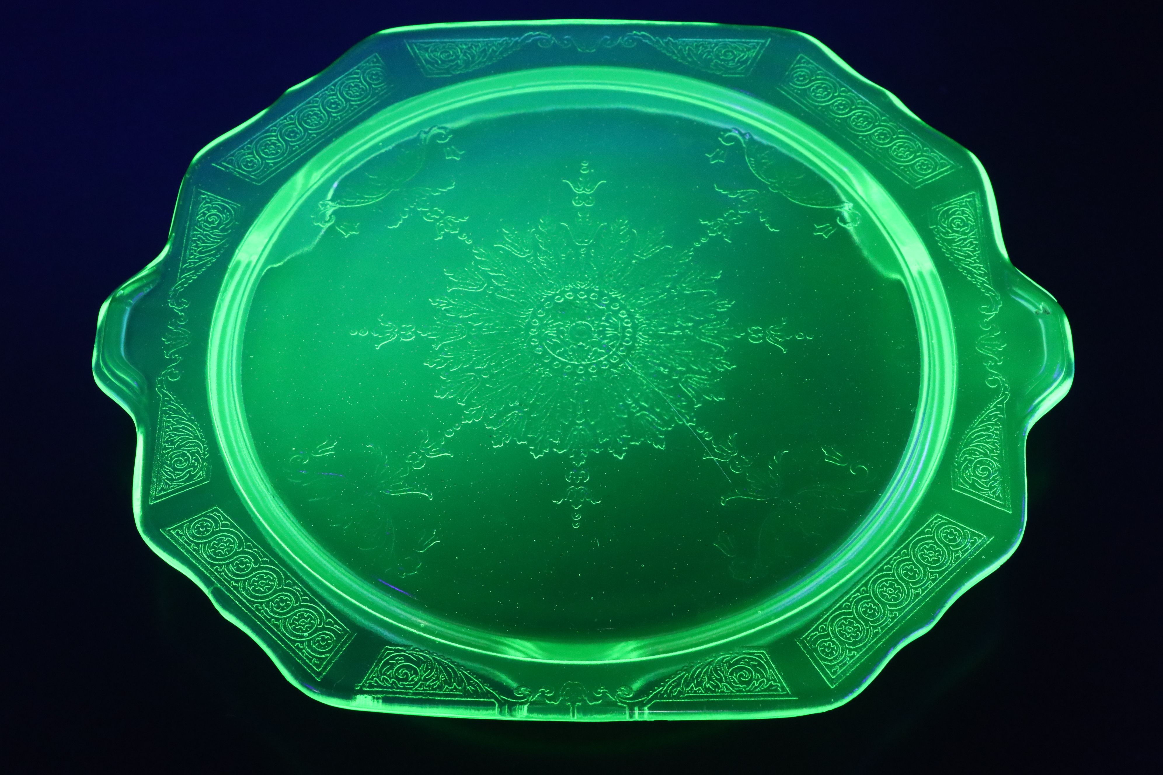 Anchor Hocking "Princess" with Other Uranium Glass Serveware with Green Pitchers