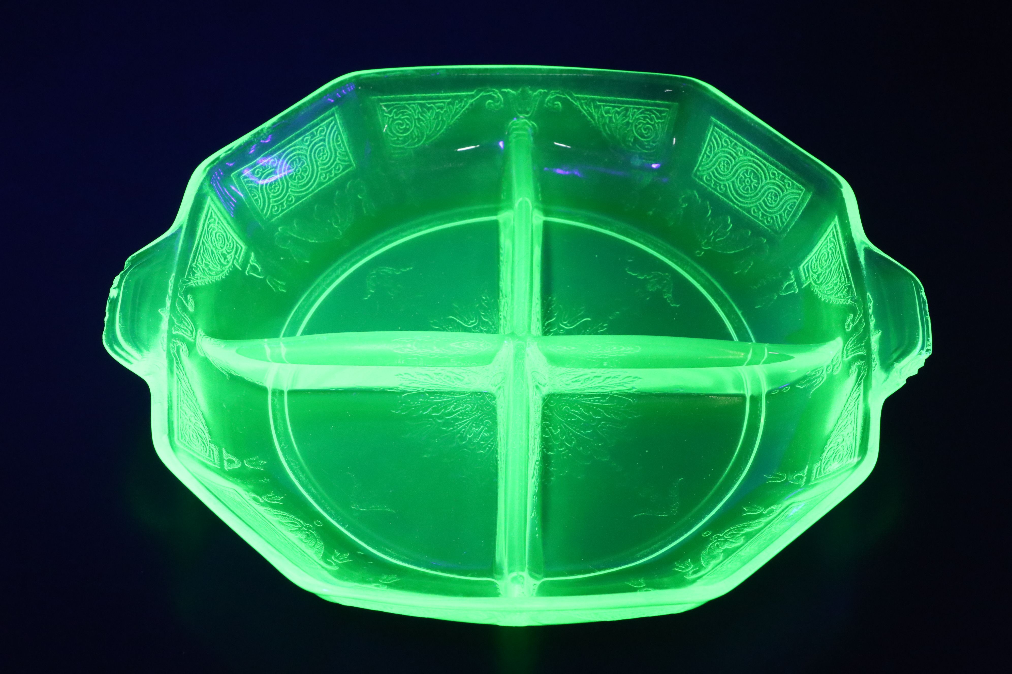 Anchor Hocking "Princess" with Other Uranium Glass Serveware with Green Pitchers