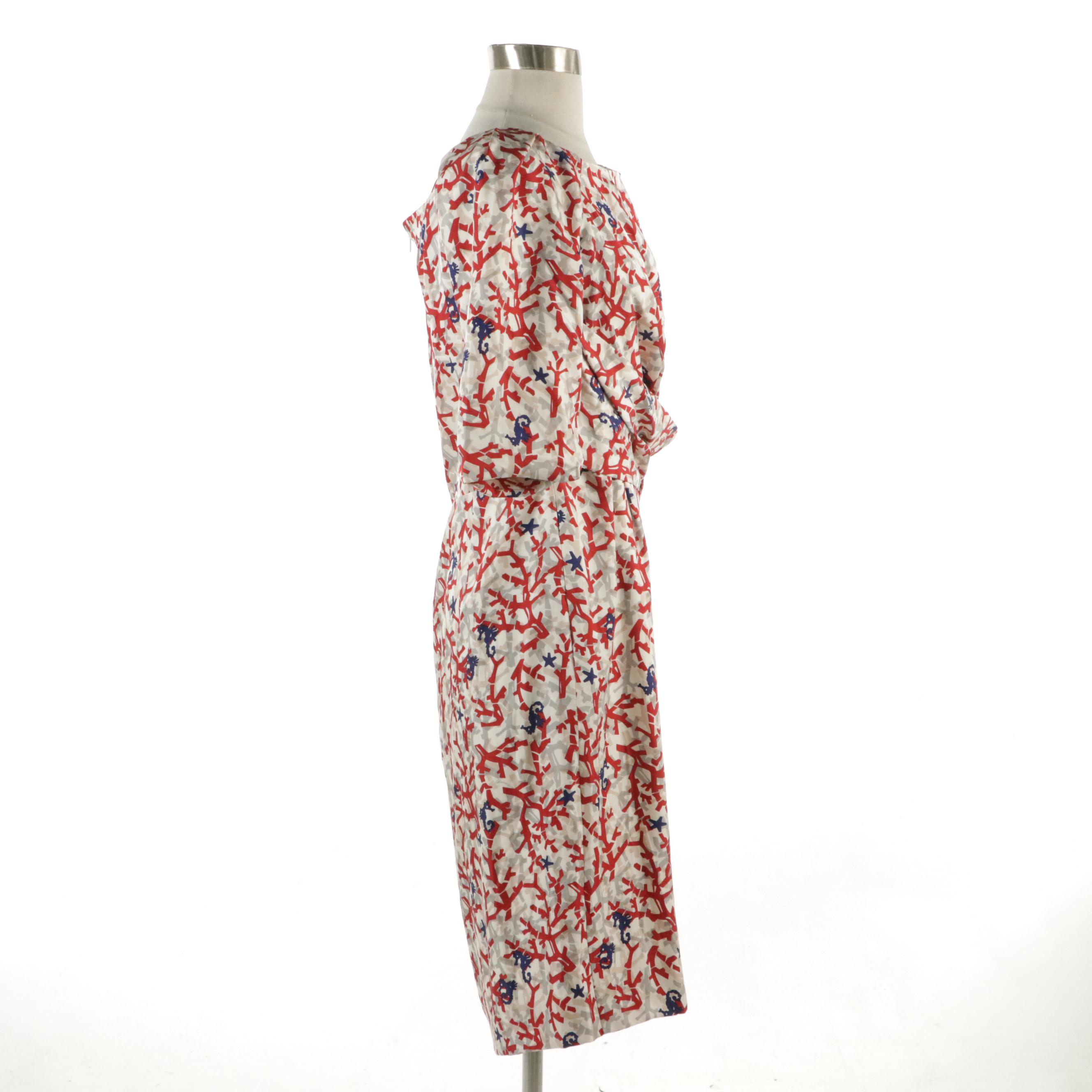 Gucci Seahorse and Coral Printed Silk Dress with Pleated Neckline