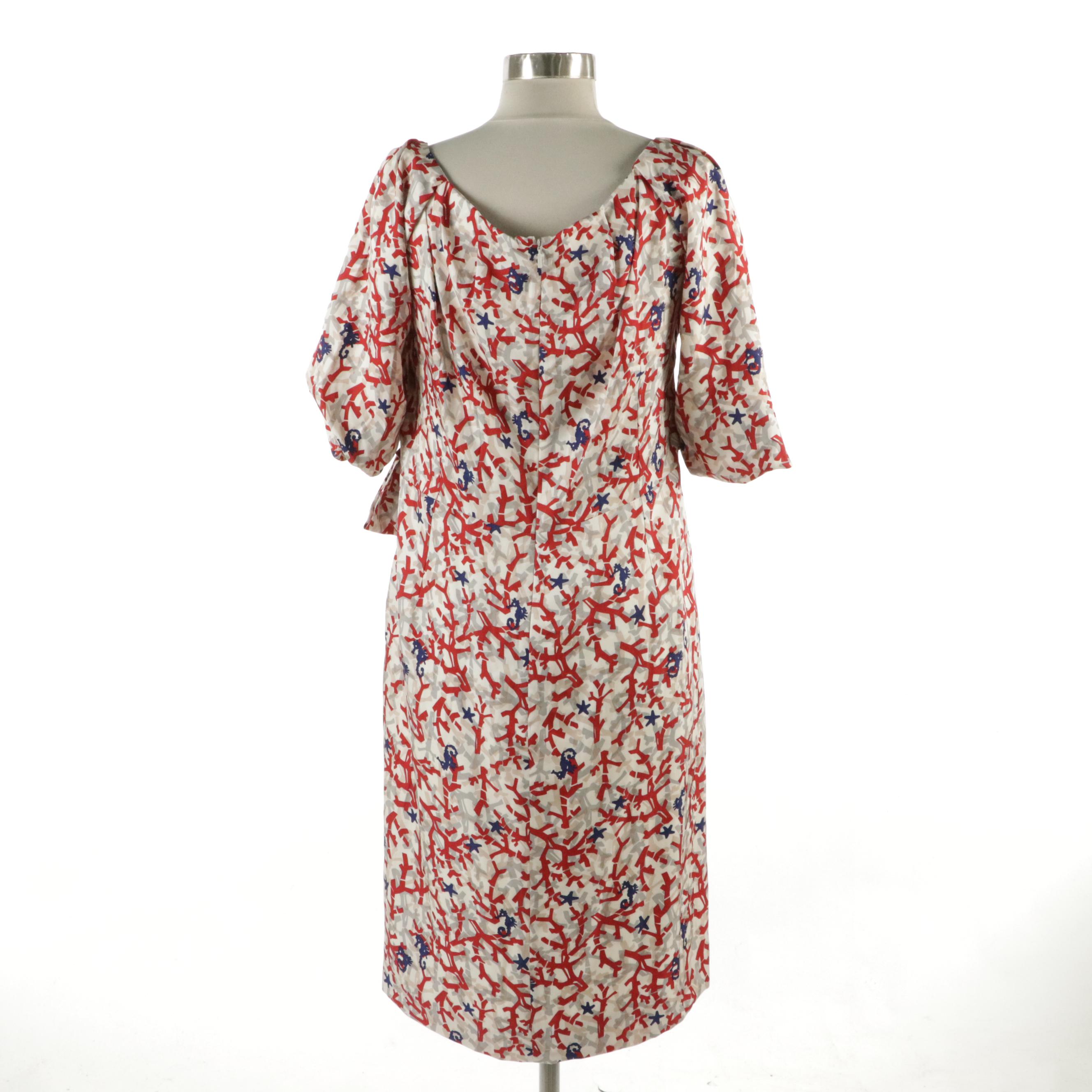 Gucci Seahorse and Coral Printed Silk Dress with Pleated Neckline