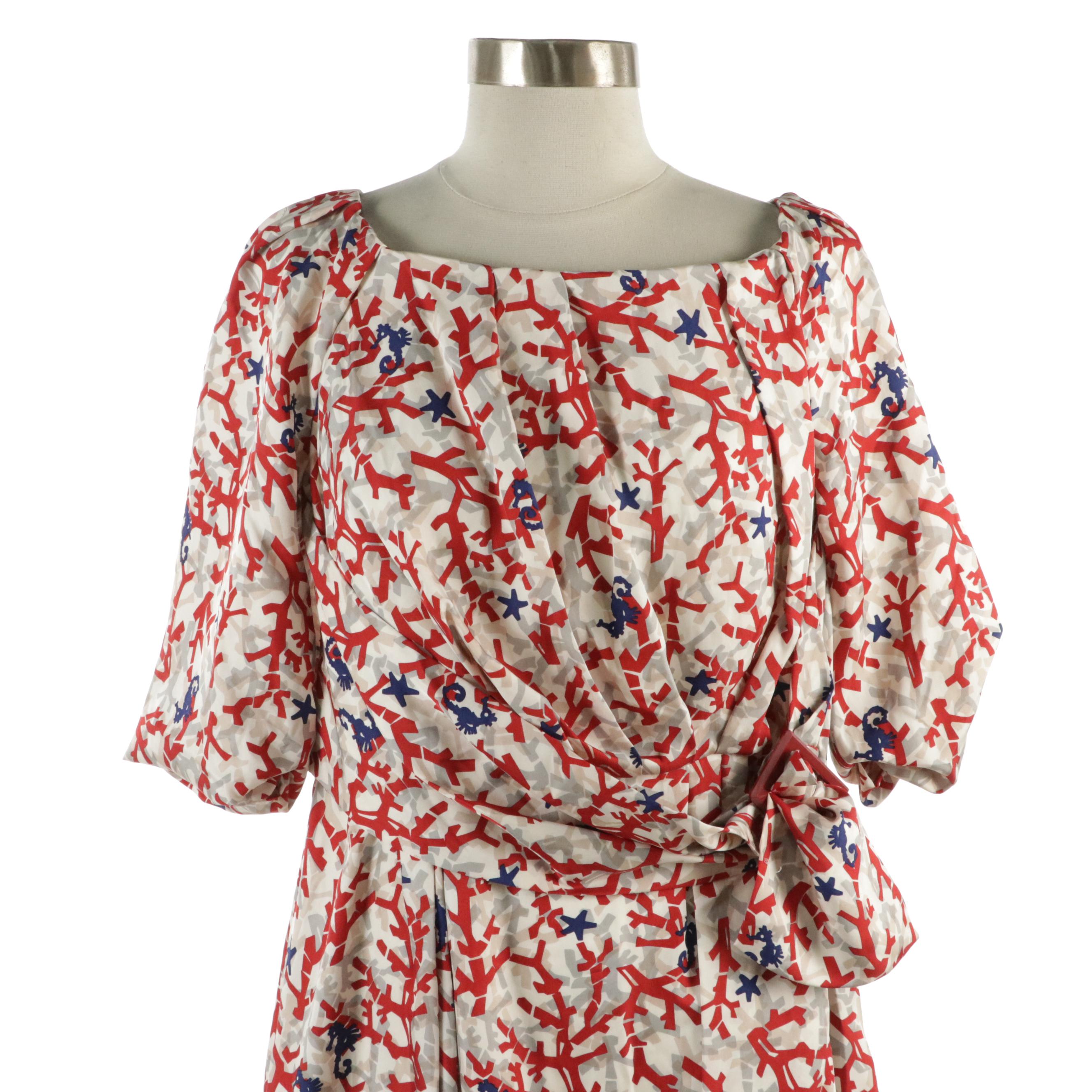 Gucci Seahorse and Coral Printed Silk Dress with Pleated Neckline