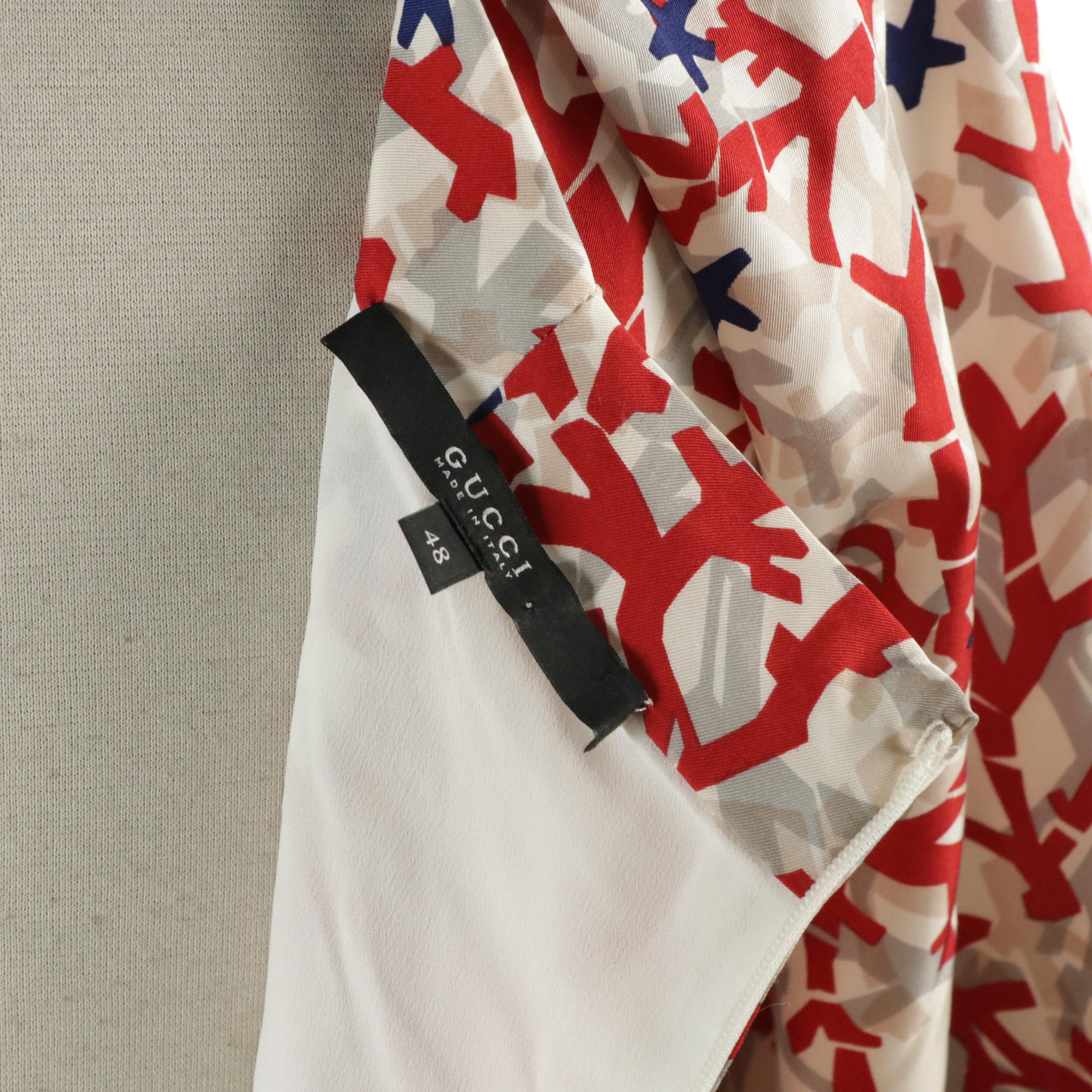 Gucci Seahorse and Coral Printed Silk Dress with Pleated Neckline