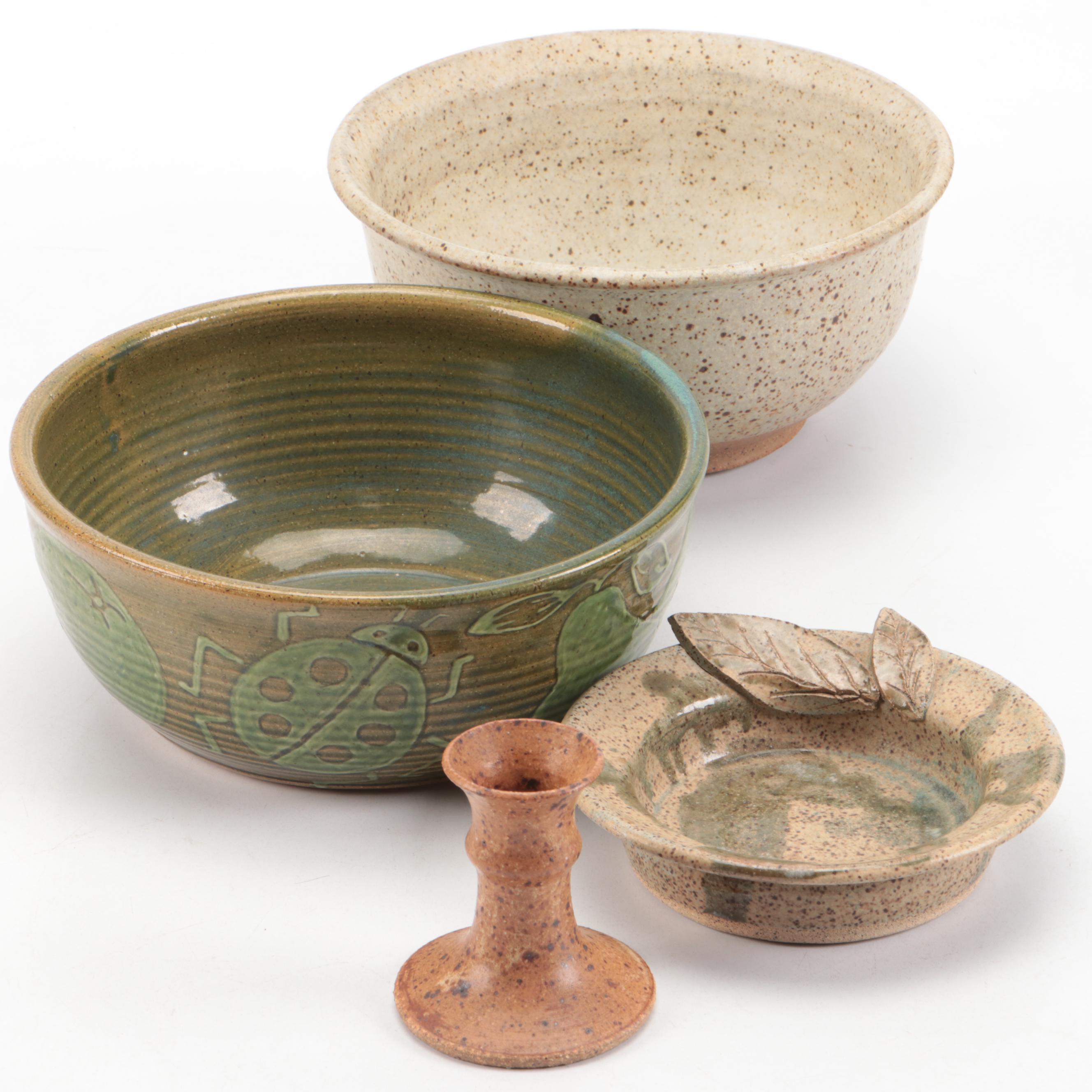 Ladybug Motif Glazed Earthenware Bowl with More Art Pottery Vessels