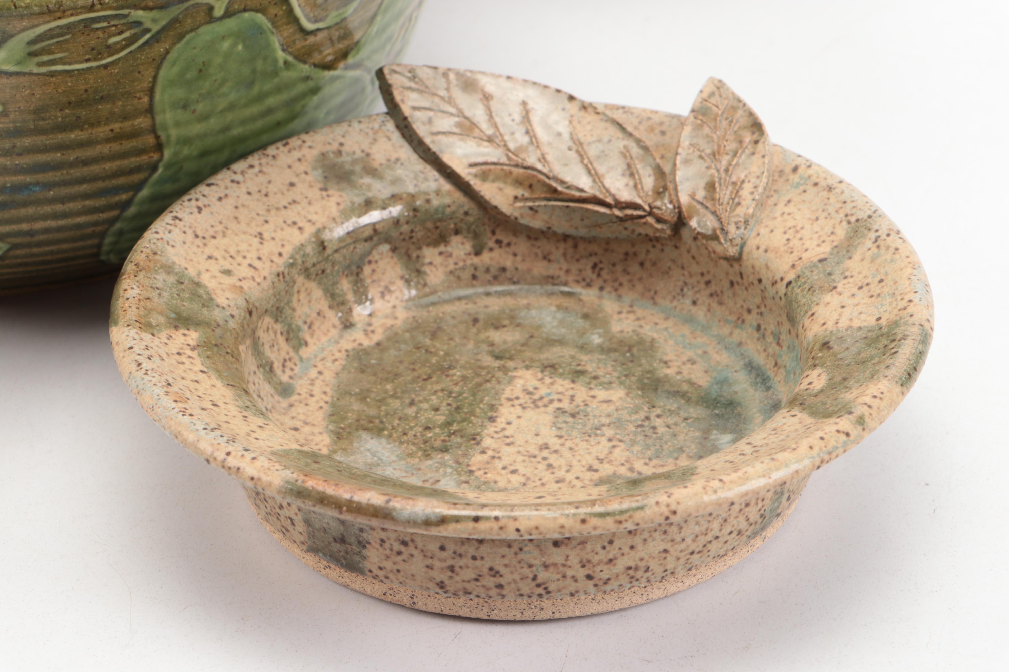 Ladybug Motif Glazed Earthenware Bowl with More Art Pottery Vessels