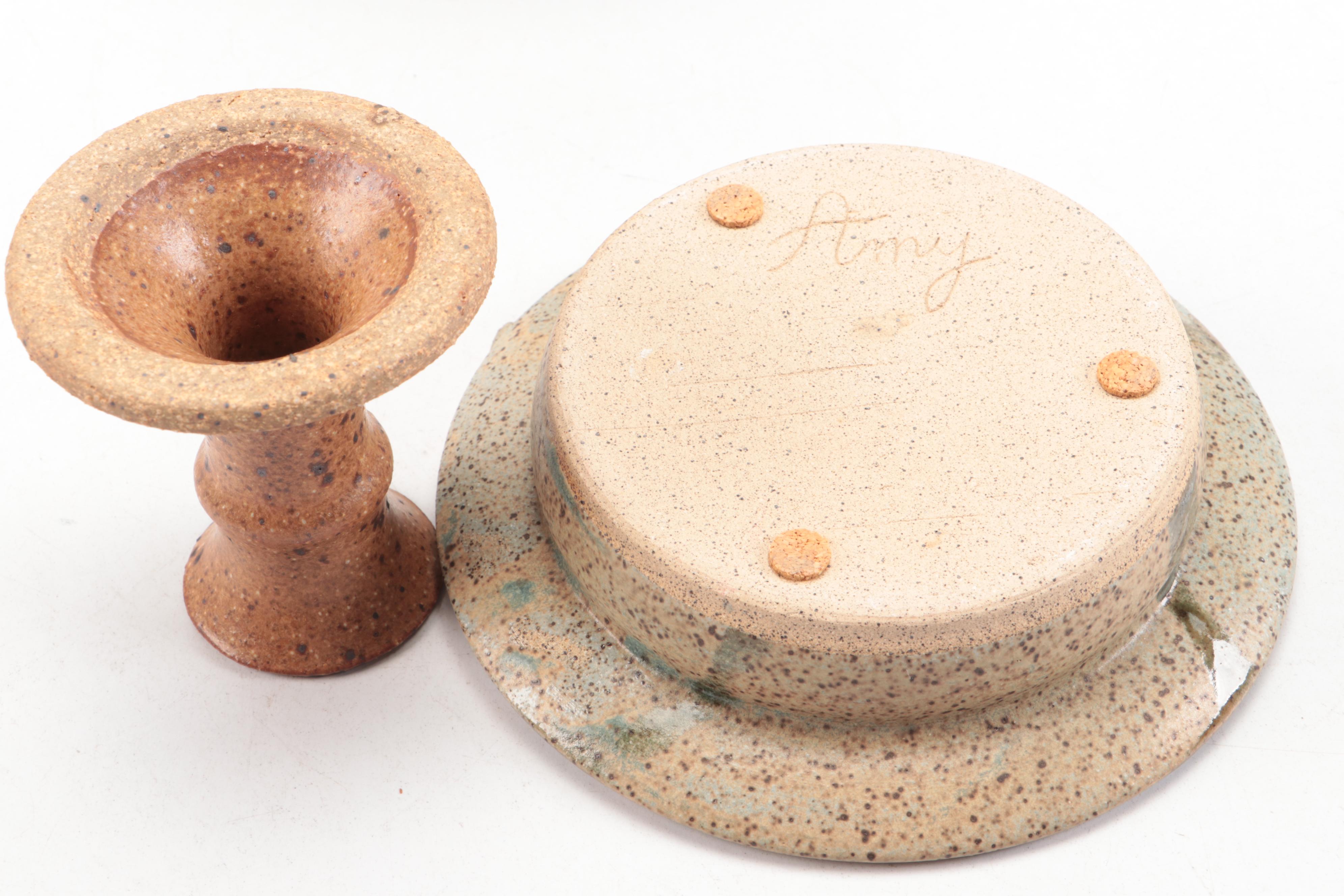 Ladybug Motif Glazed Earthenware Bowl with More Art Pottery Vessels