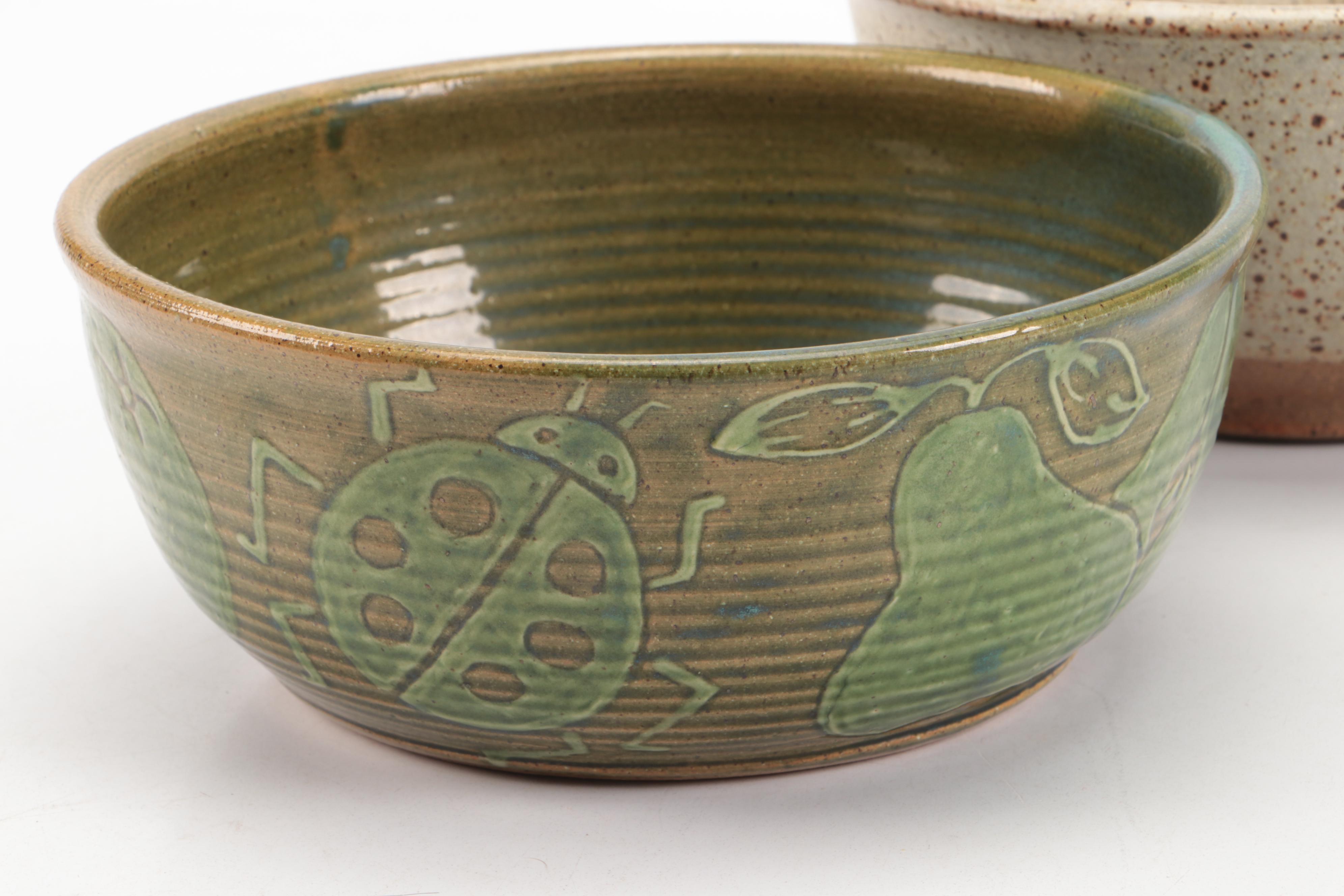 Ladybug Motif Glazed Earthenware Bowl with More Art Pottery Vessels