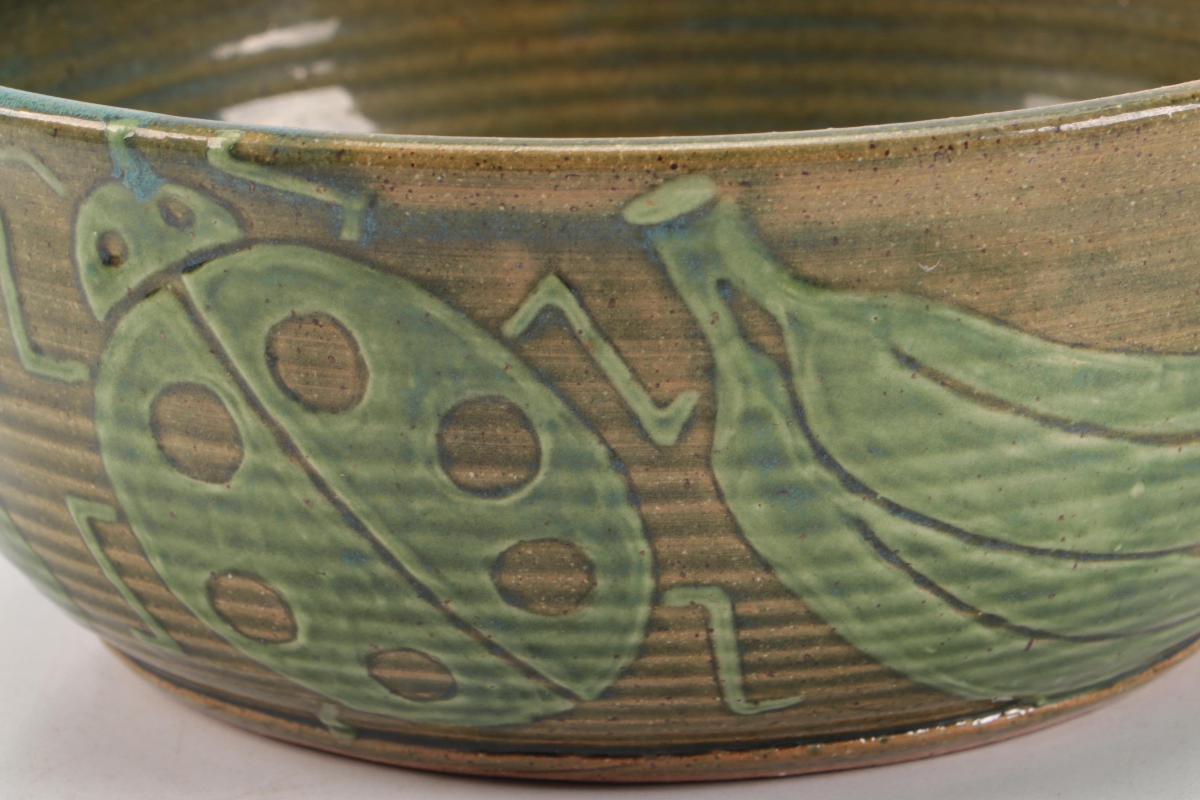 Ladybug Motif Glazed Earthenware Bowl with More Art Pottery Vessels