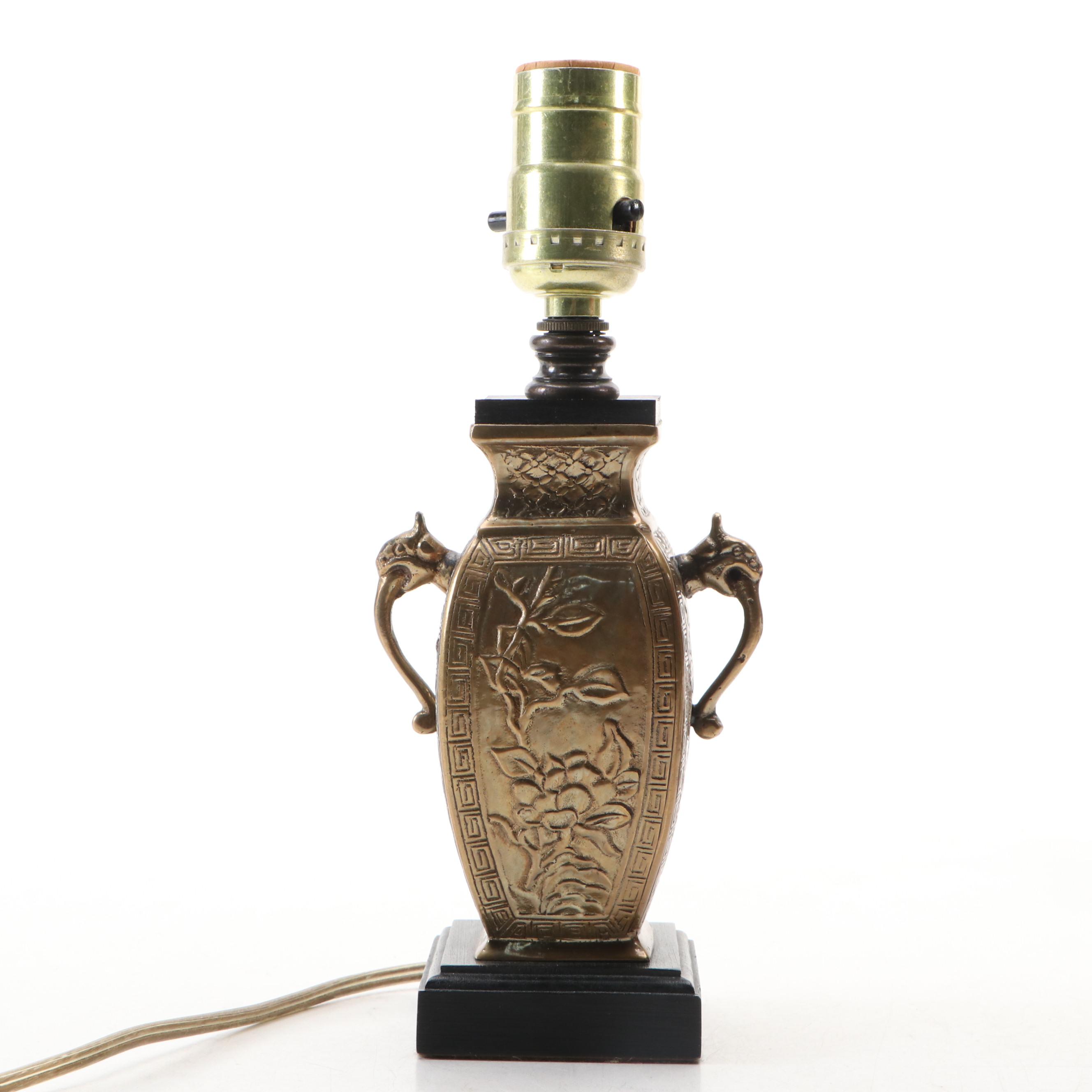 Chinese Brass Vase and Elephant Figural Accent Lamps