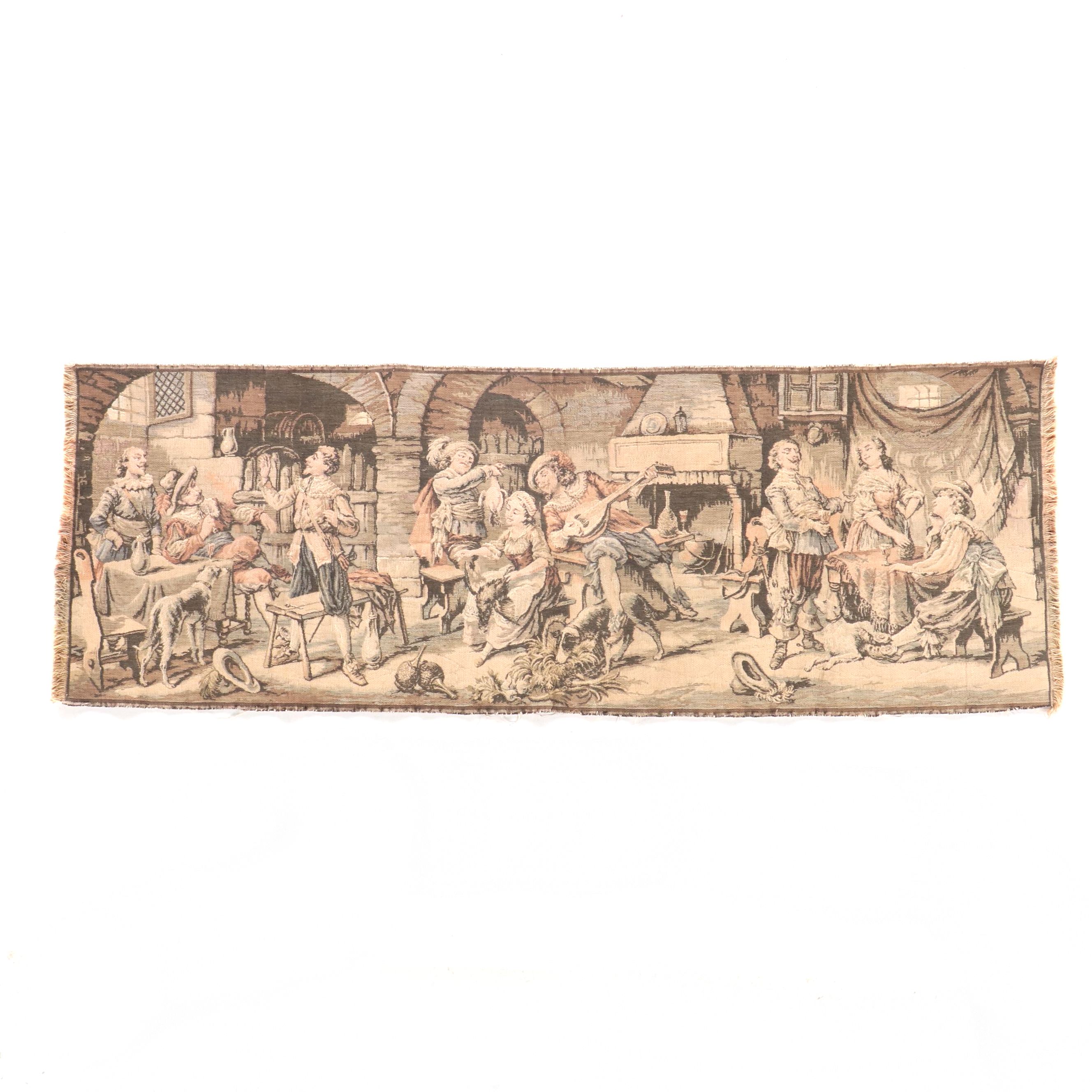 French Jacquard Woven Tapestry Panel Continental Genre Scene of Tavern