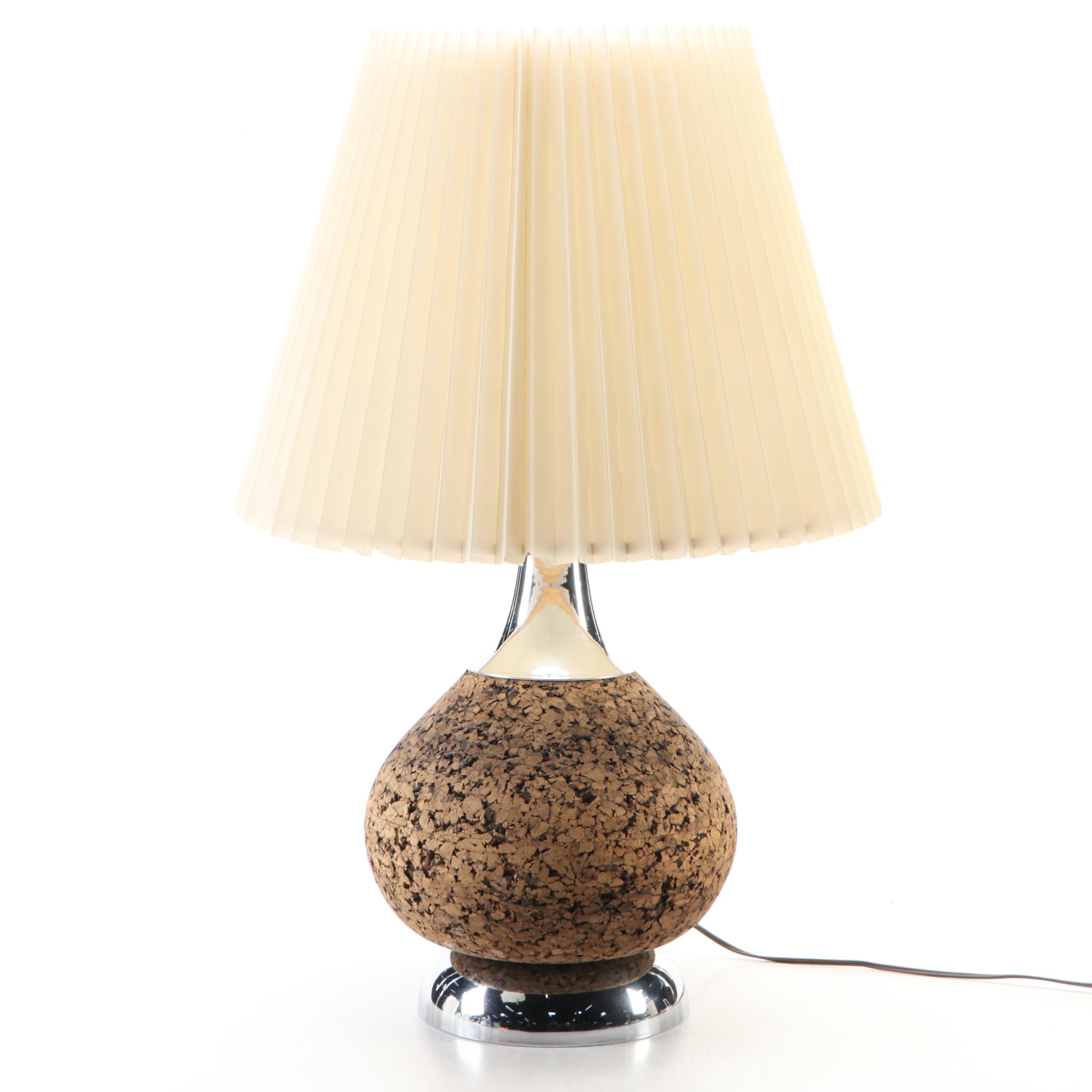 MCM Style Carved Cork and Chrome Table Lamp with Concertina Pleat Shade