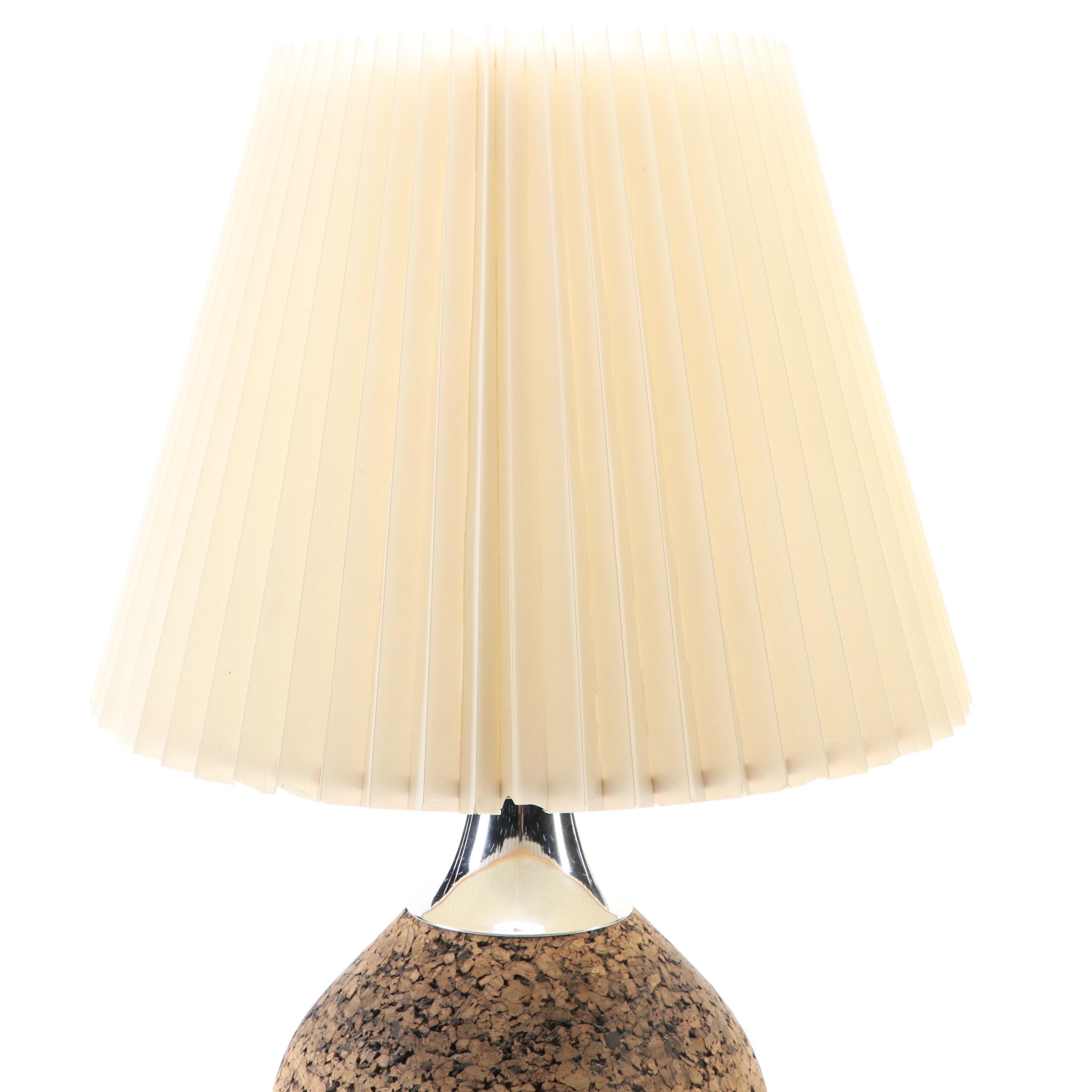 MCM Style Carved Cork and Chrome Table Lamp with Concertina Pleat Shade