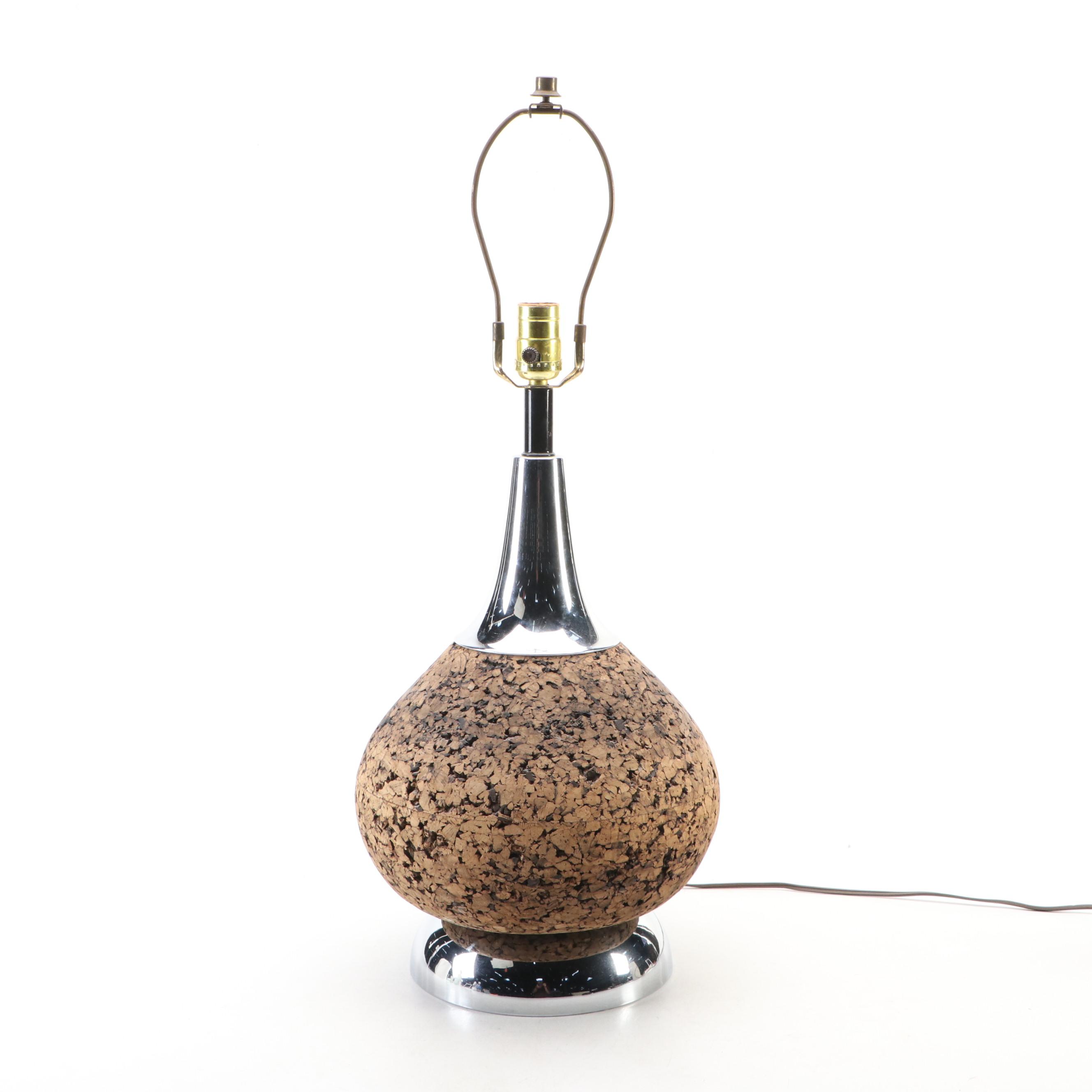 MCM Style Carved Cork and Chrome Table Lamp with Concertina Pleat Shade