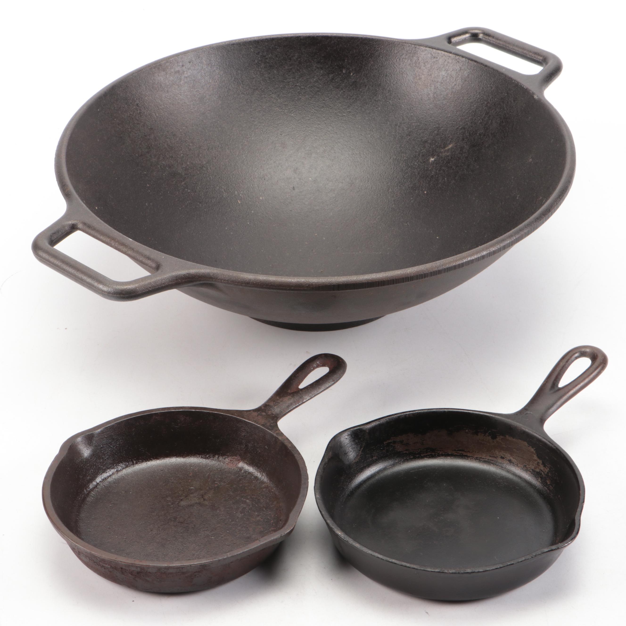 Lodge Cast Iron Wok with Wagner and Other Skillets