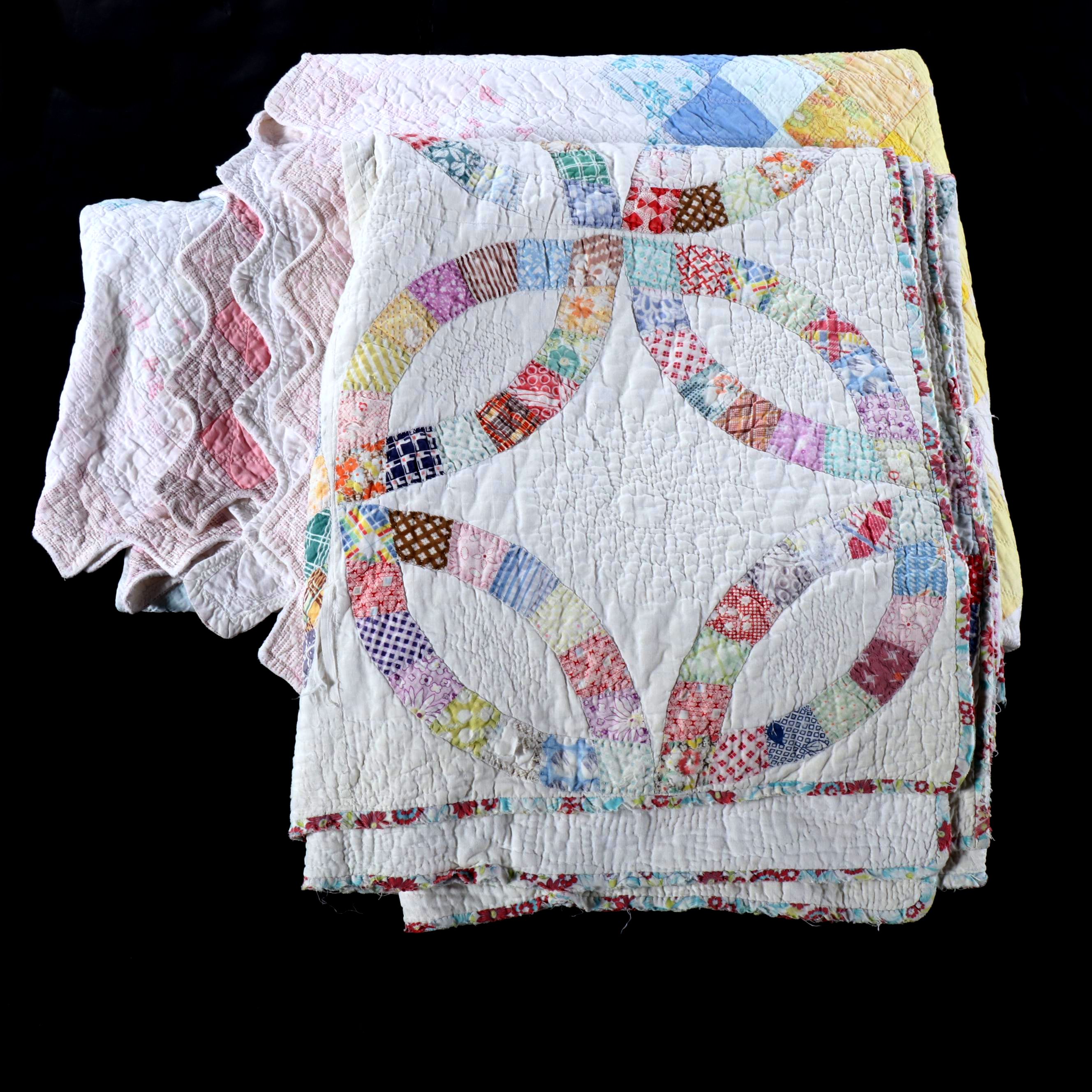 Hand-Pieced Antique "Double Wedding Ring" with "Trip Around The World" Quilts