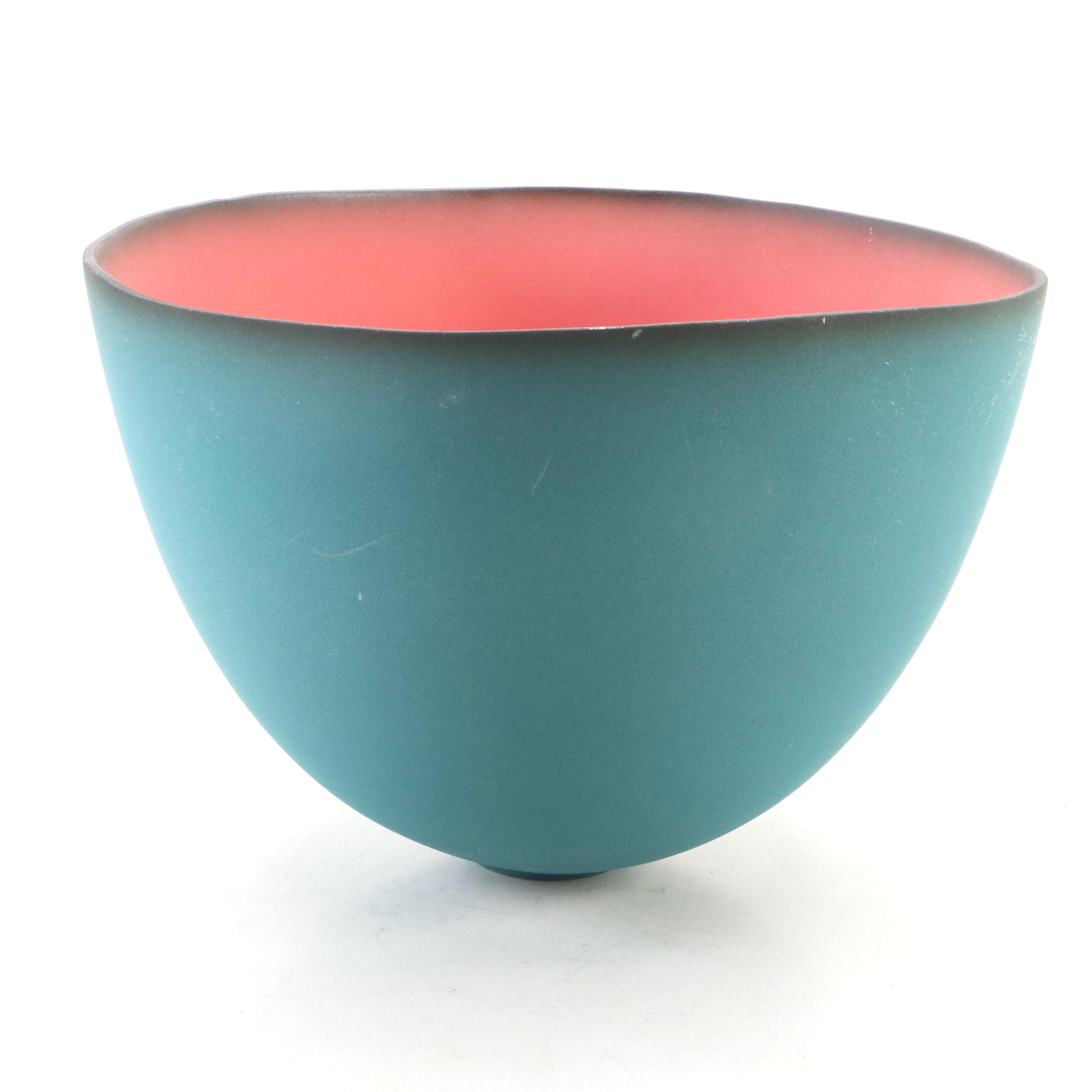 Emily Rossheim Art Pottery Matte Teal Ombré and Red Ceramic Bowl