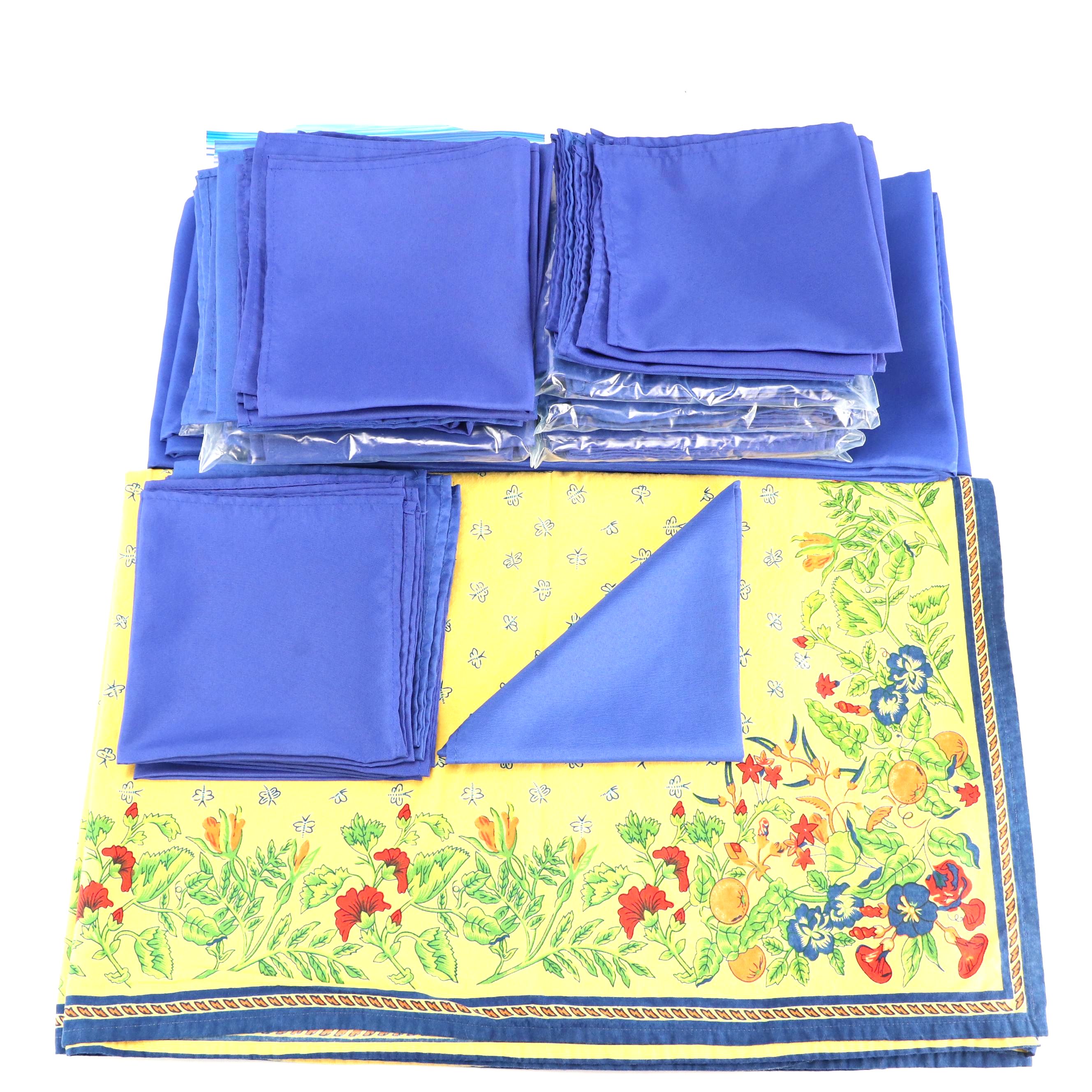 French Provincial Style Floral Tablecloth with Royal Blue Napkins