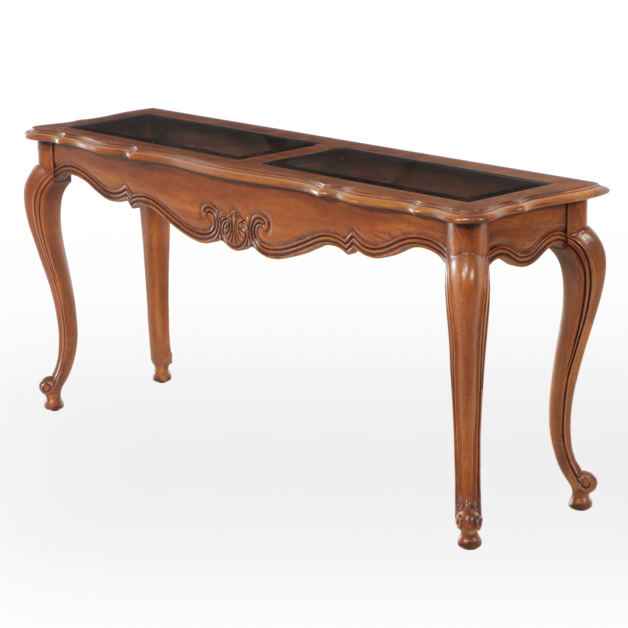 Thomasville "Country French" Smoked Glass and Oak Console Table