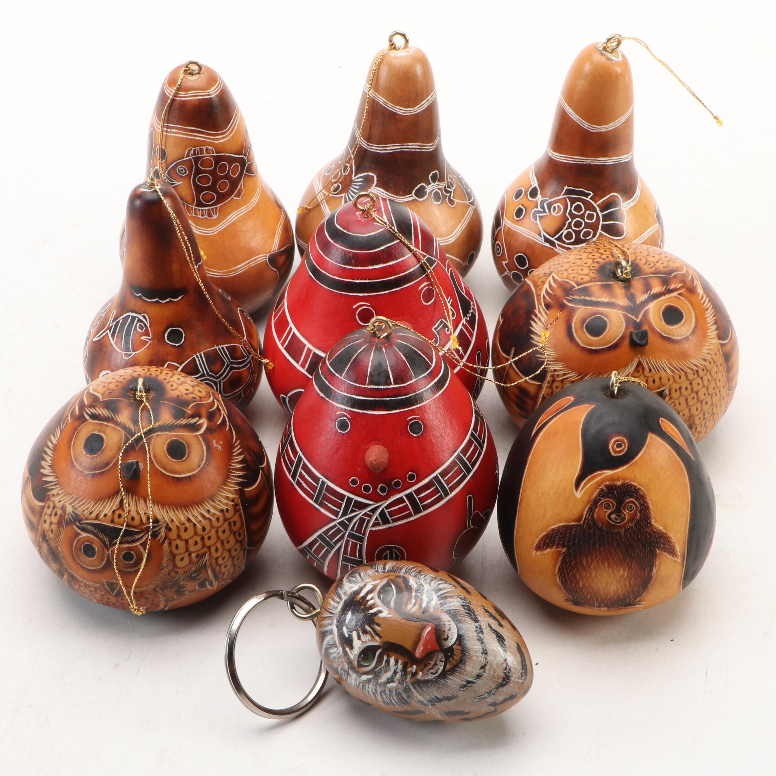 Peruvian Style Owl, Fish and Seasonally Patterned Gourd Ornaments