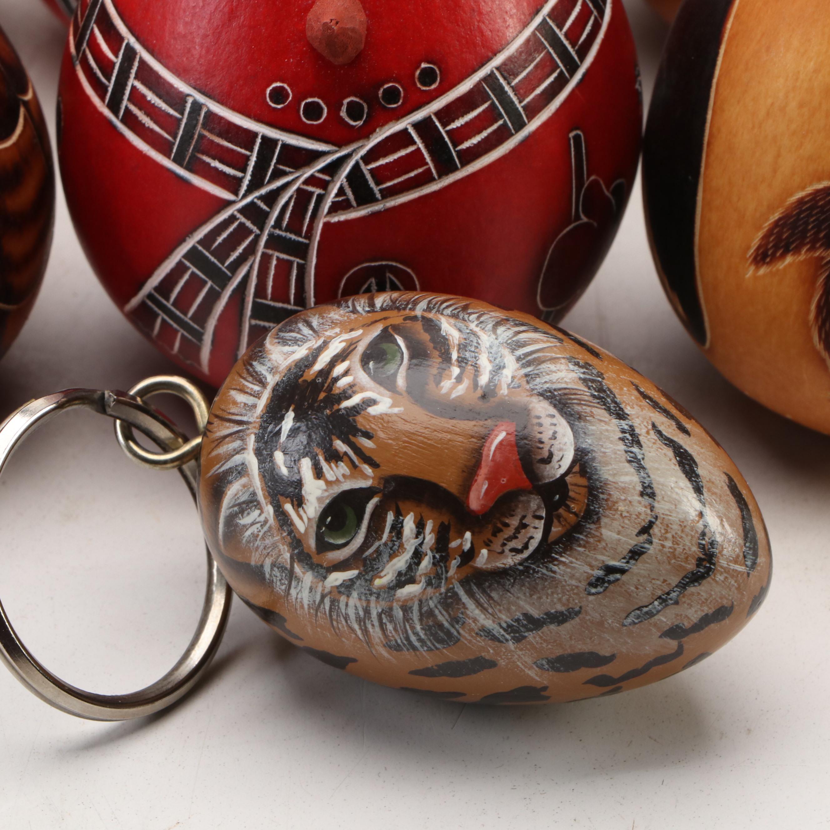 Peruvian Style Owl, Fish and Seasonally Patterned Gourd Ornaments