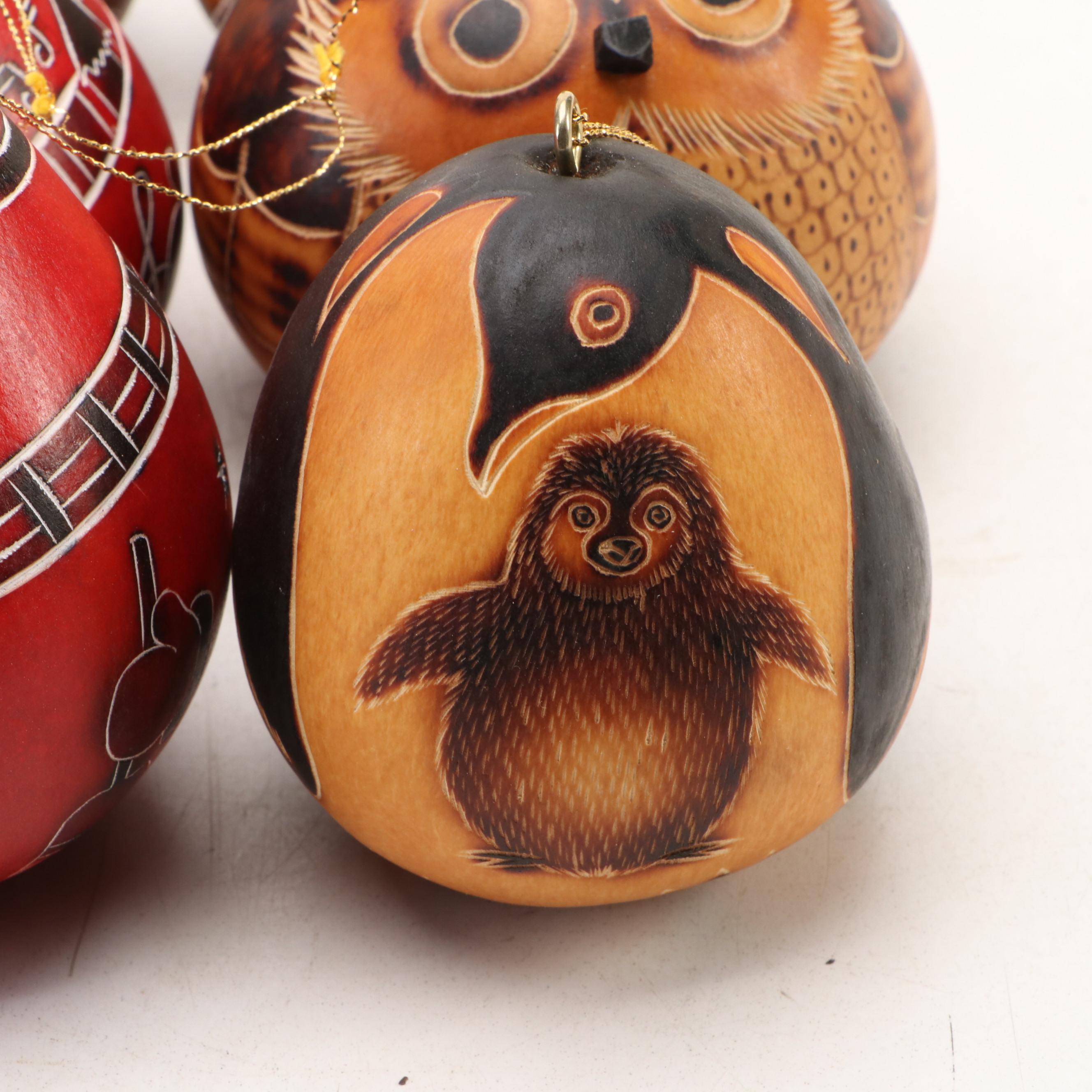 Peruvian Style Owl, Fish and Seasonally Patterned Gourd Ornaments