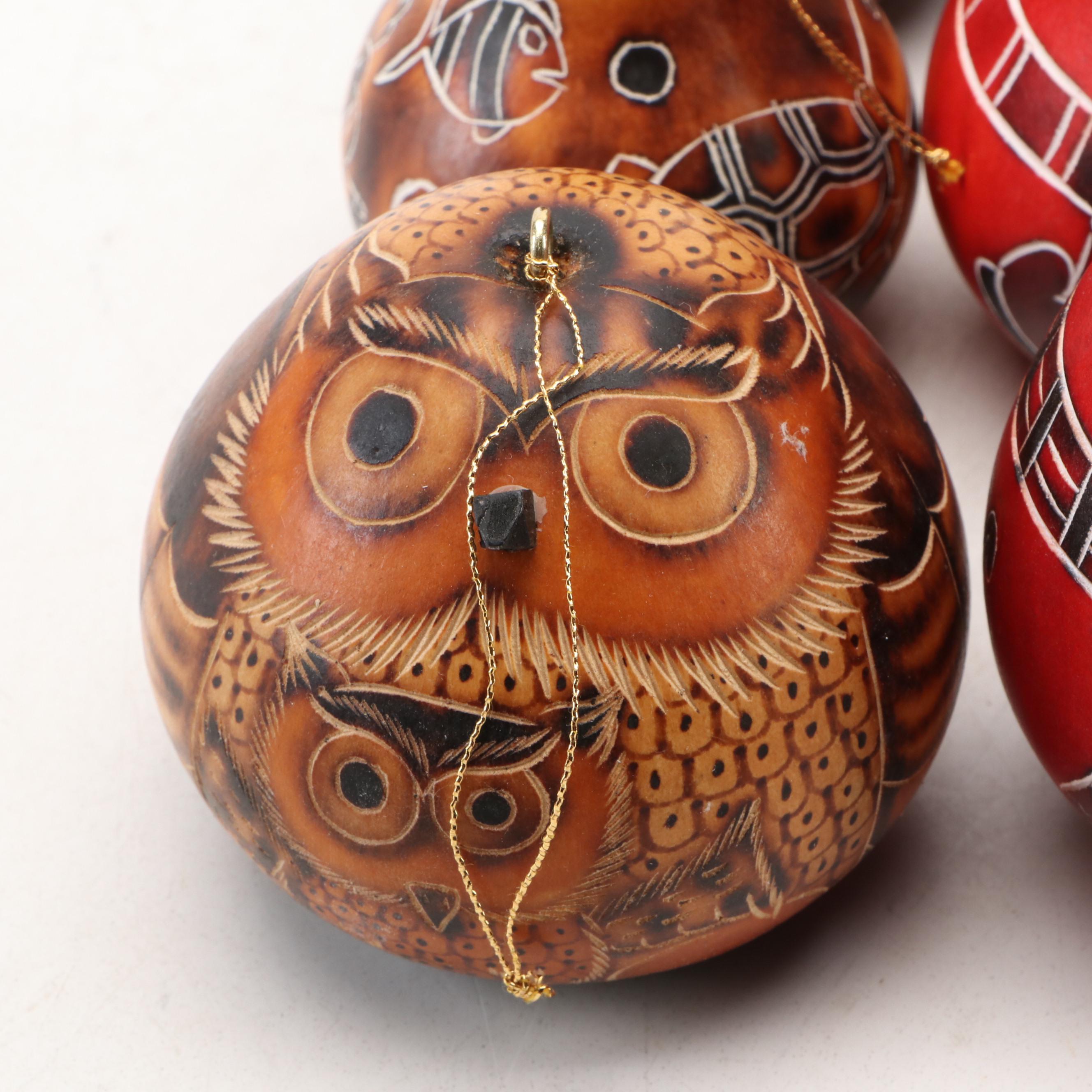 Peruvian Style Owl, Fish and Seasonally Patterned Gourd Ornaments