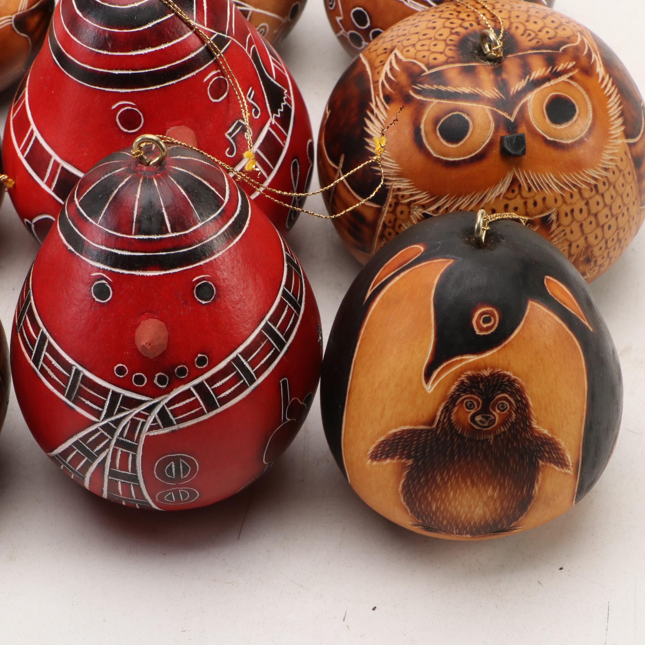 Peruvian Style Owl, Fish and Seasonally Patterned Gourd Ornaments