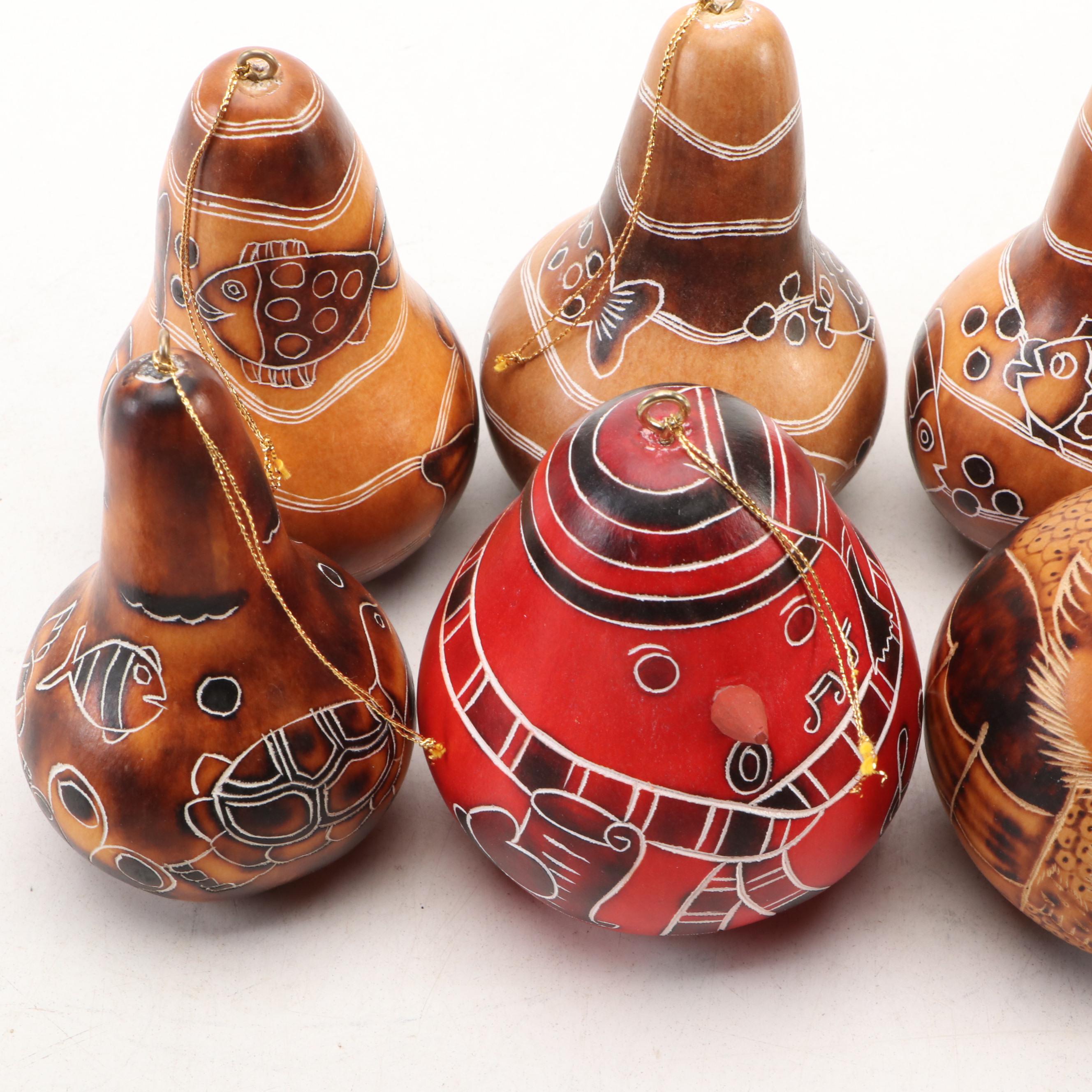 Peruvian Style Owl, Fish and Seasonally Patterned Gourd Ornaments