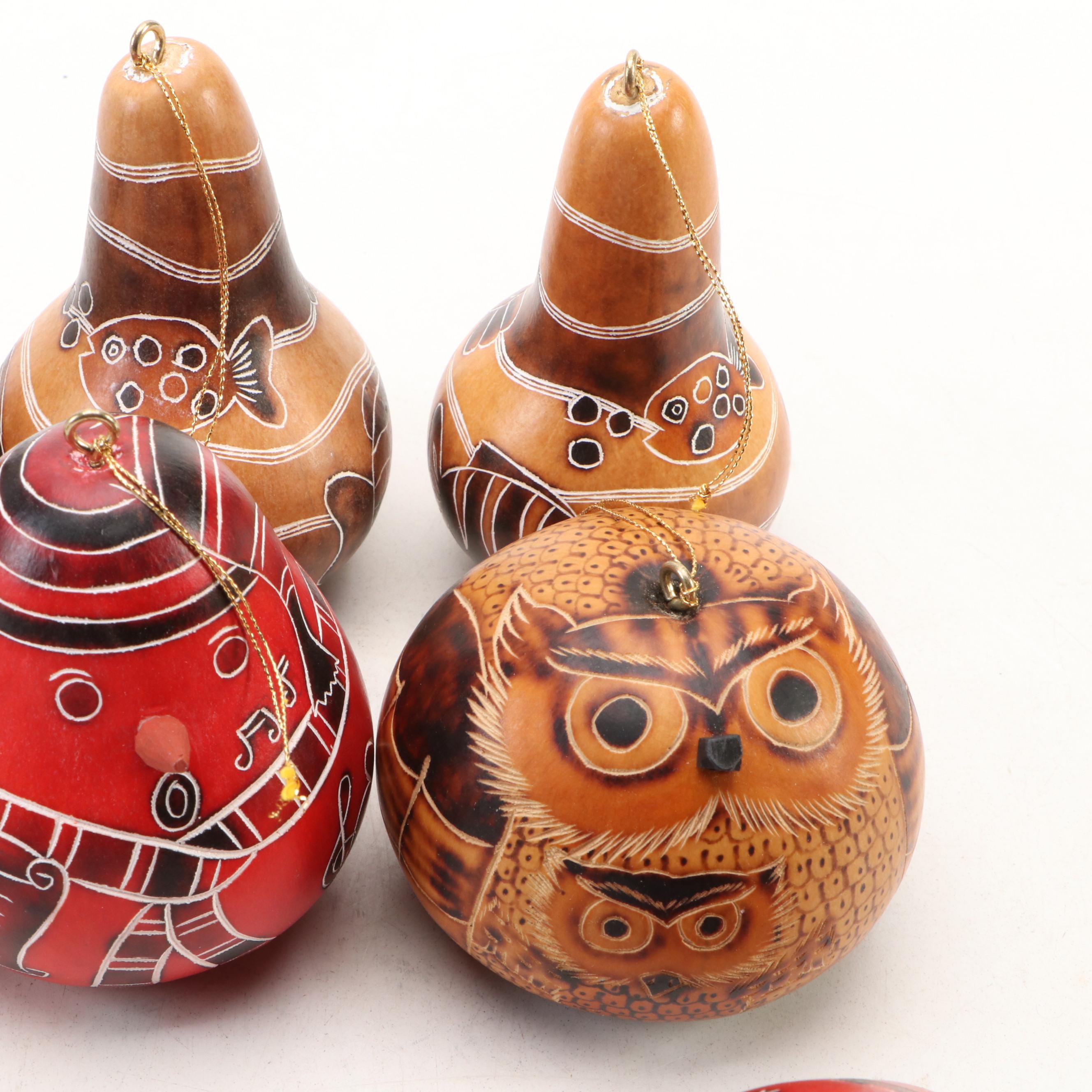 Peruvian Style Owl, Fish and Seasonally Patterned Gourd Ornaments