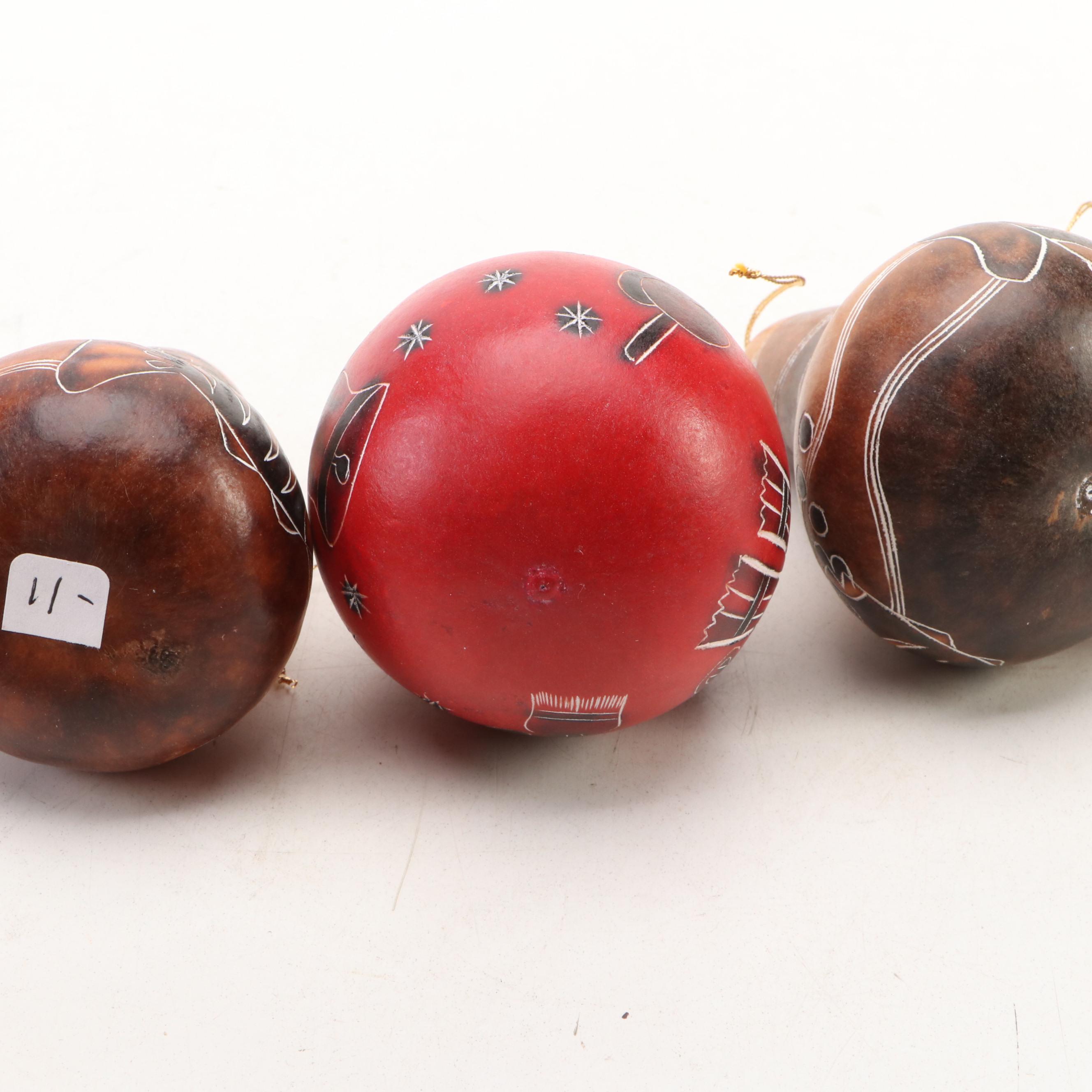 Peruvian Style Owl, Fish and Seasonally Patterned Gourd Ornaments