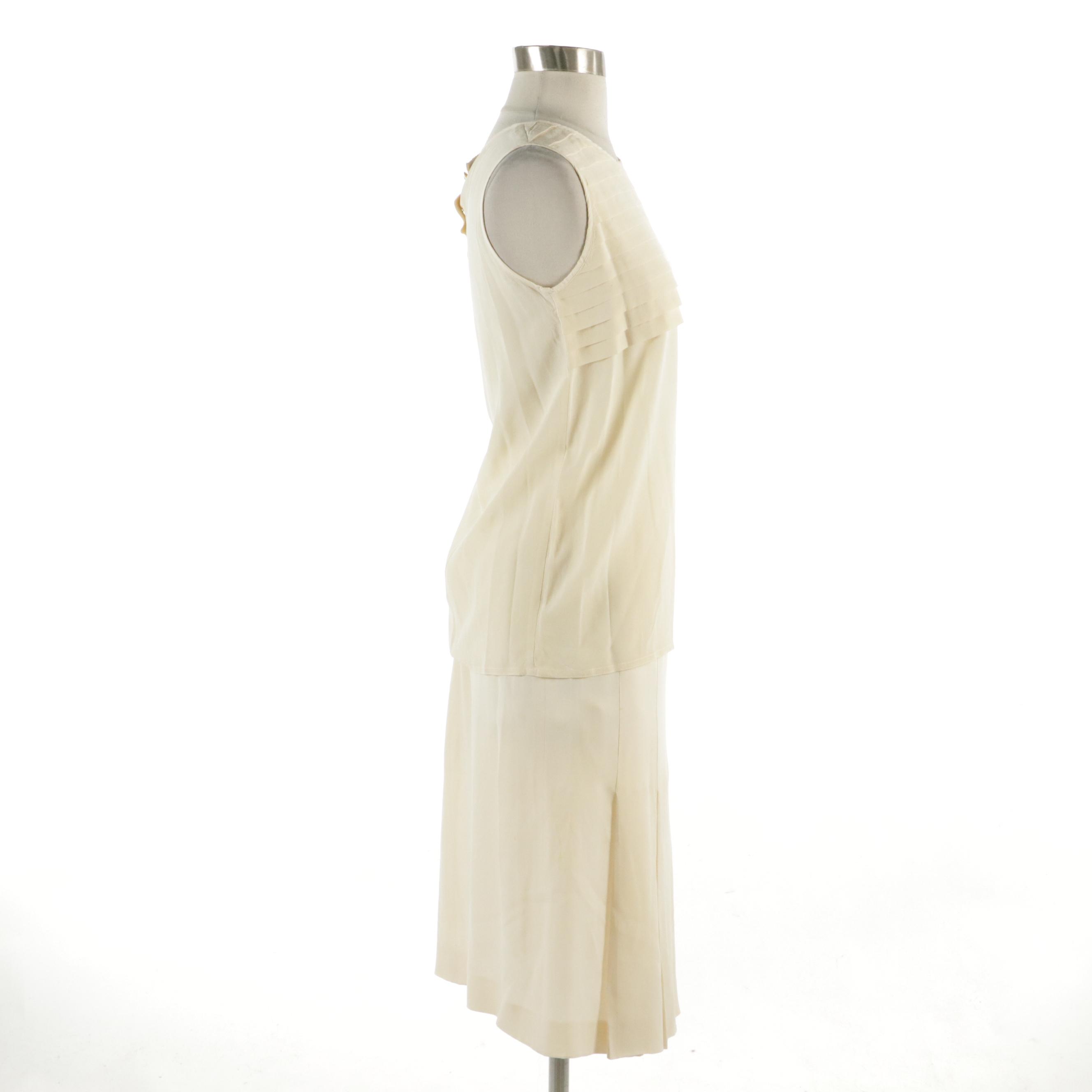 Chanel Spring Collection Pleated Sleeveless Top and Skirt in Off-White Silk