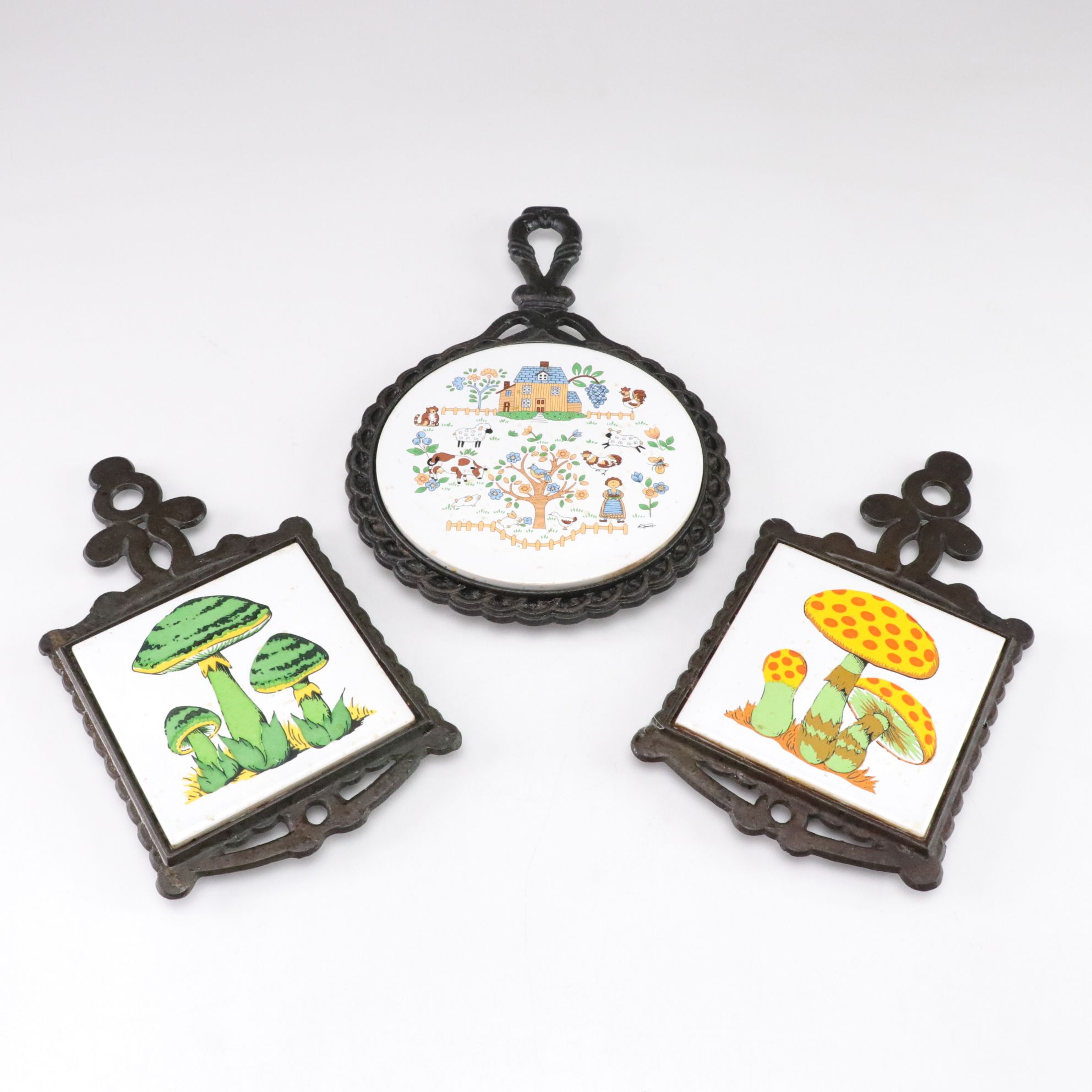 "Groovy Mushroom Toadstool" and "Country Home" Cast Iron Tile Trivets