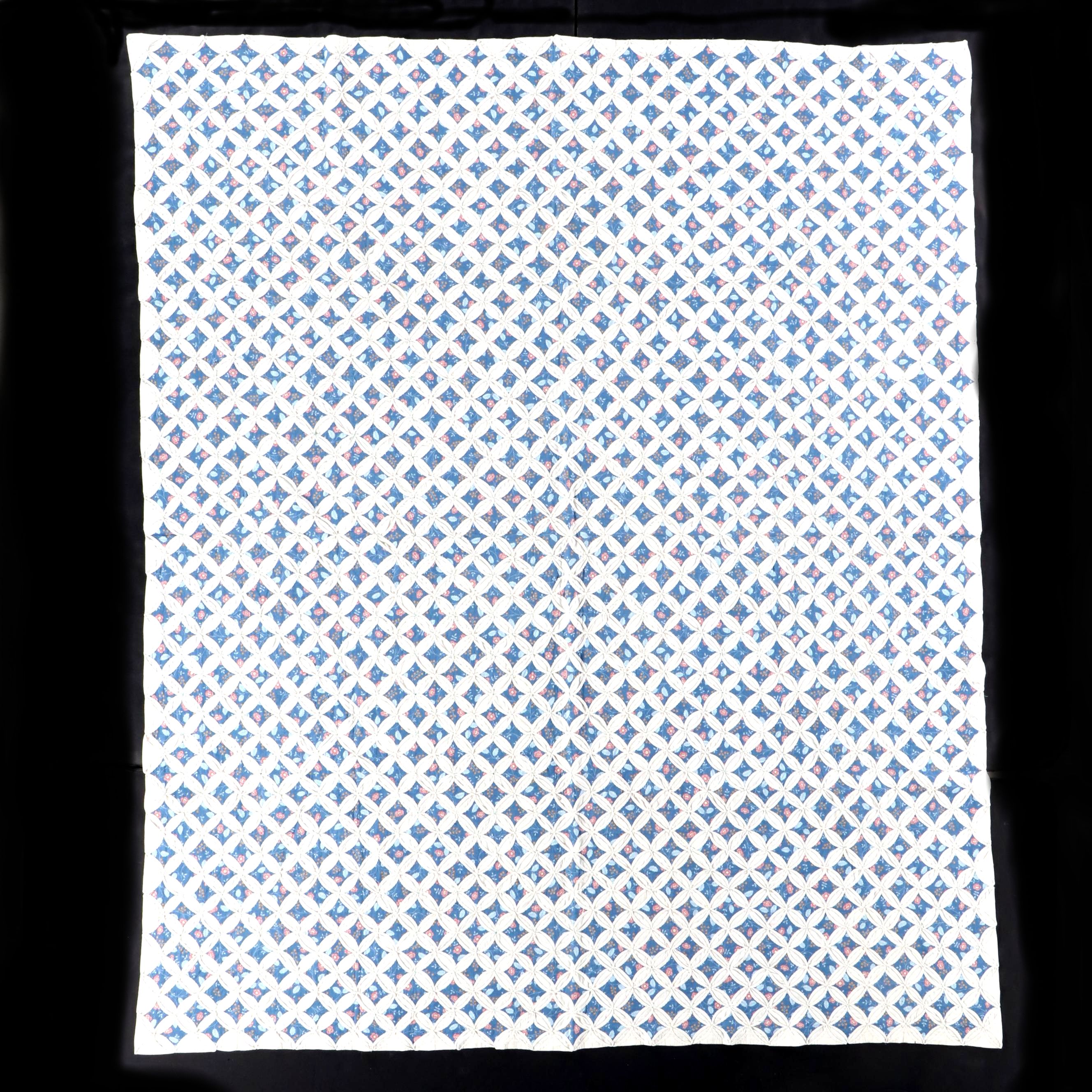 Handmade Blue Flower Print "Cathedral Window" Hand-Stitched Quilt